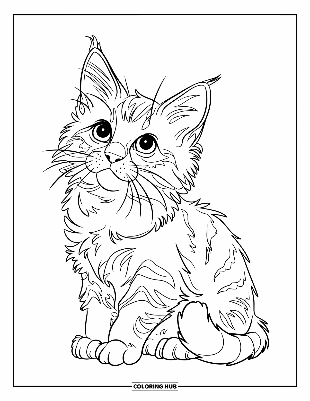 Dibujo de gatito para niños: Un gatito esponjoso con grandes patas se sienta en una colina cubierta de hierba, mirando las nubes que pasan