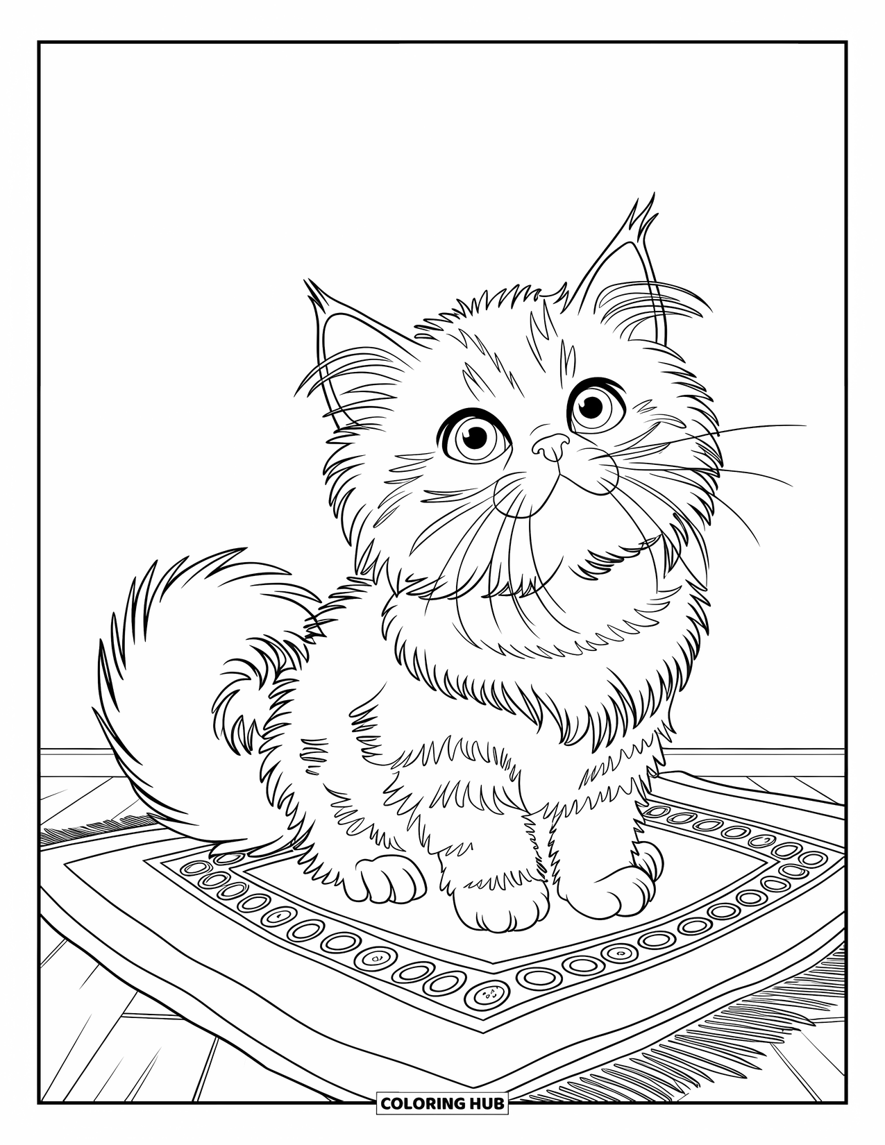 Dibujo de gatito para niños: Un gatito persa esponjoso descansa sobre una alfombra suave, su pequeña cola se enrosca alrededor de sus pies