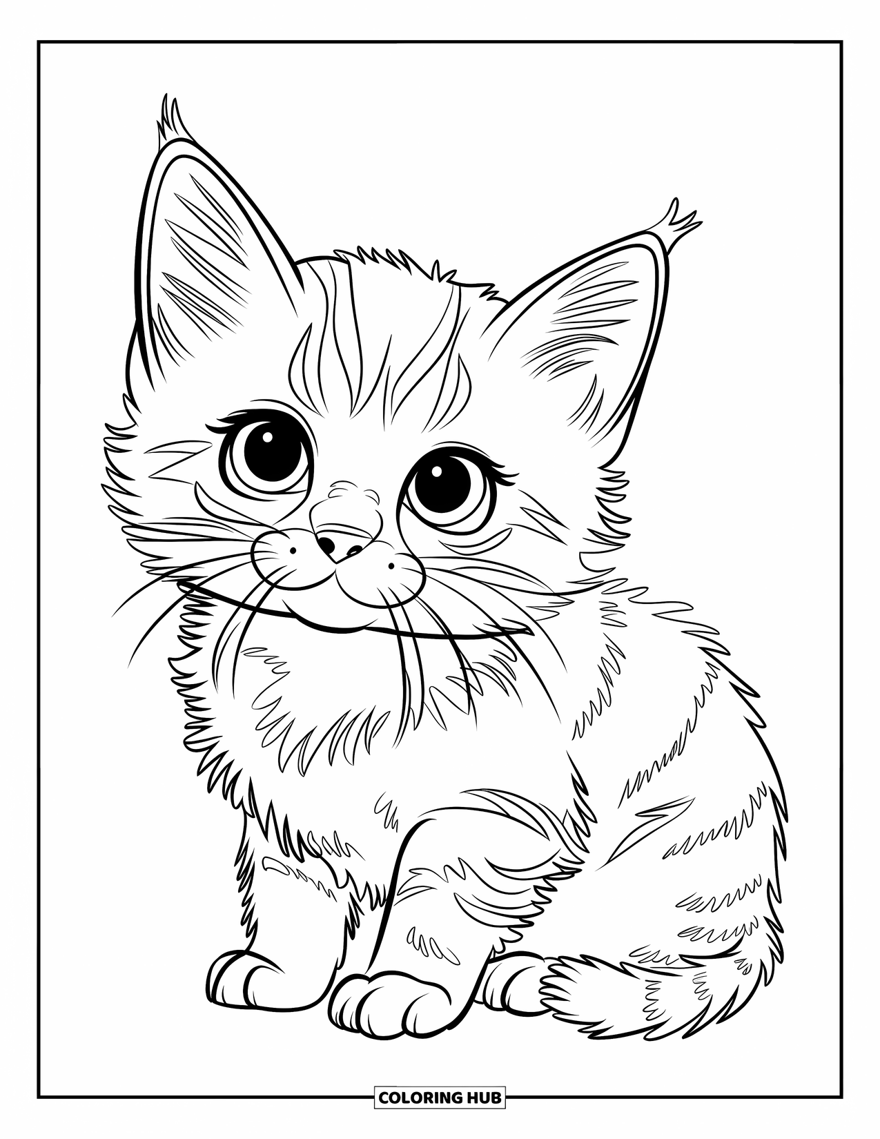 Dibujo de gatito para niños: Un gatito Ragdoll esponjoso se sienta tranquilamente, sus ojos grandes reflejan curiosidad en una escena sencilla