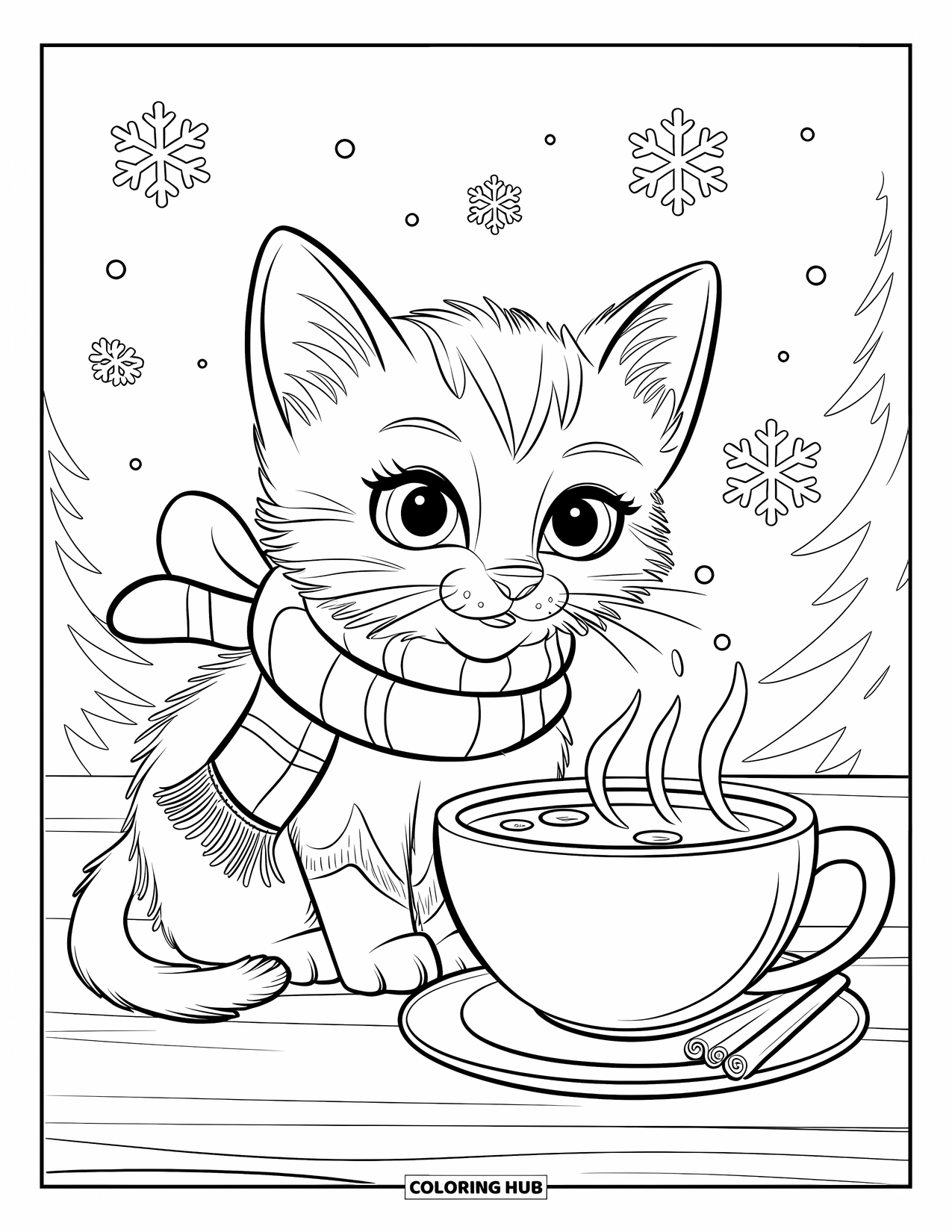 Dibujo de gatito para niños: Un gatito con una bufanda acogedora se sienta junto a una taza humeante de chocolate caliente en un día nevado