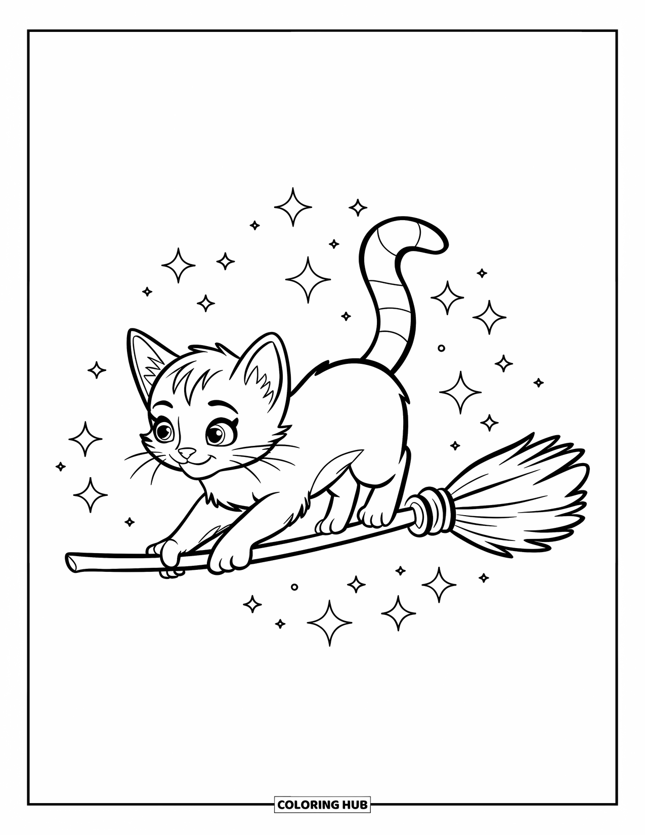 Dibujo de gatito para niños: Un gatito se posa en un palo de escoba, rodeado de pequeñas chispas en un entorno mágico