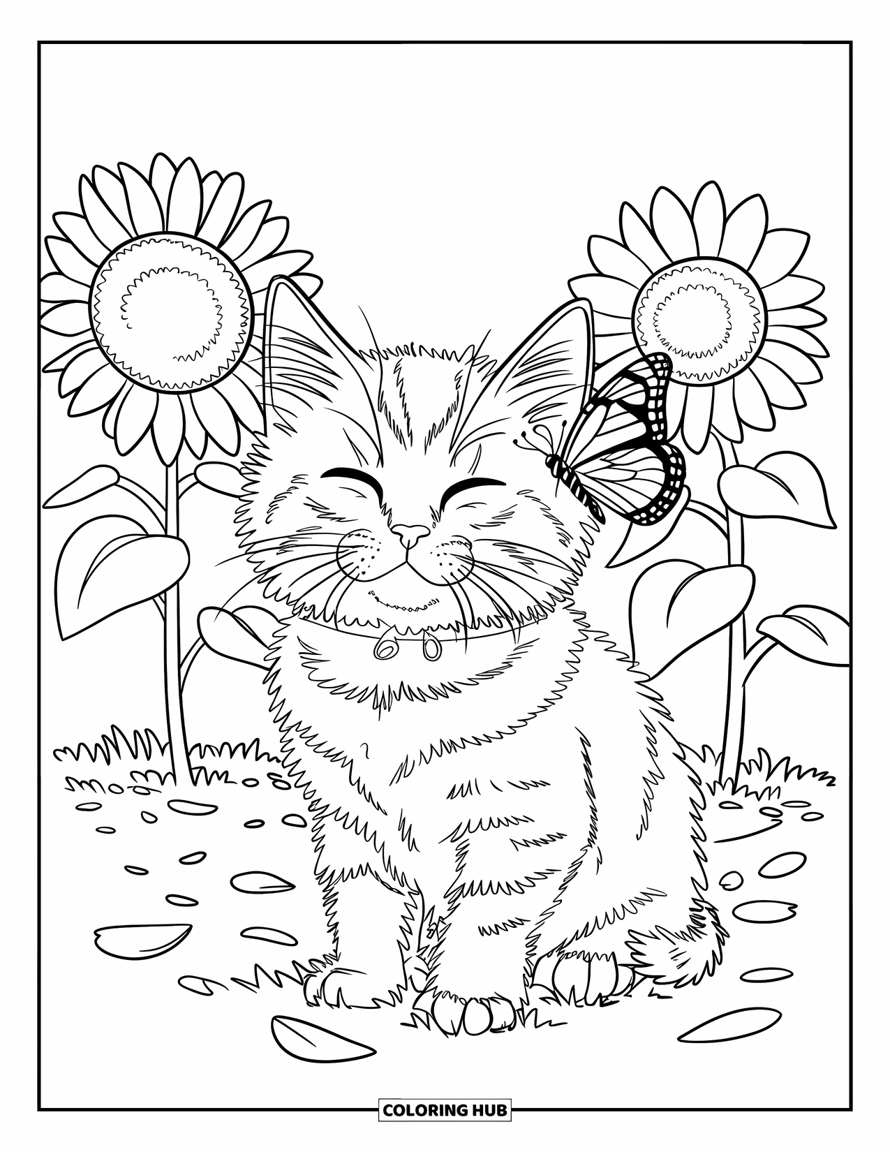Dibujo de gatito para niños: Un gatito descansa en un campo de girasoles, con los ojos cerrados mientras una mariposa se posa cerca