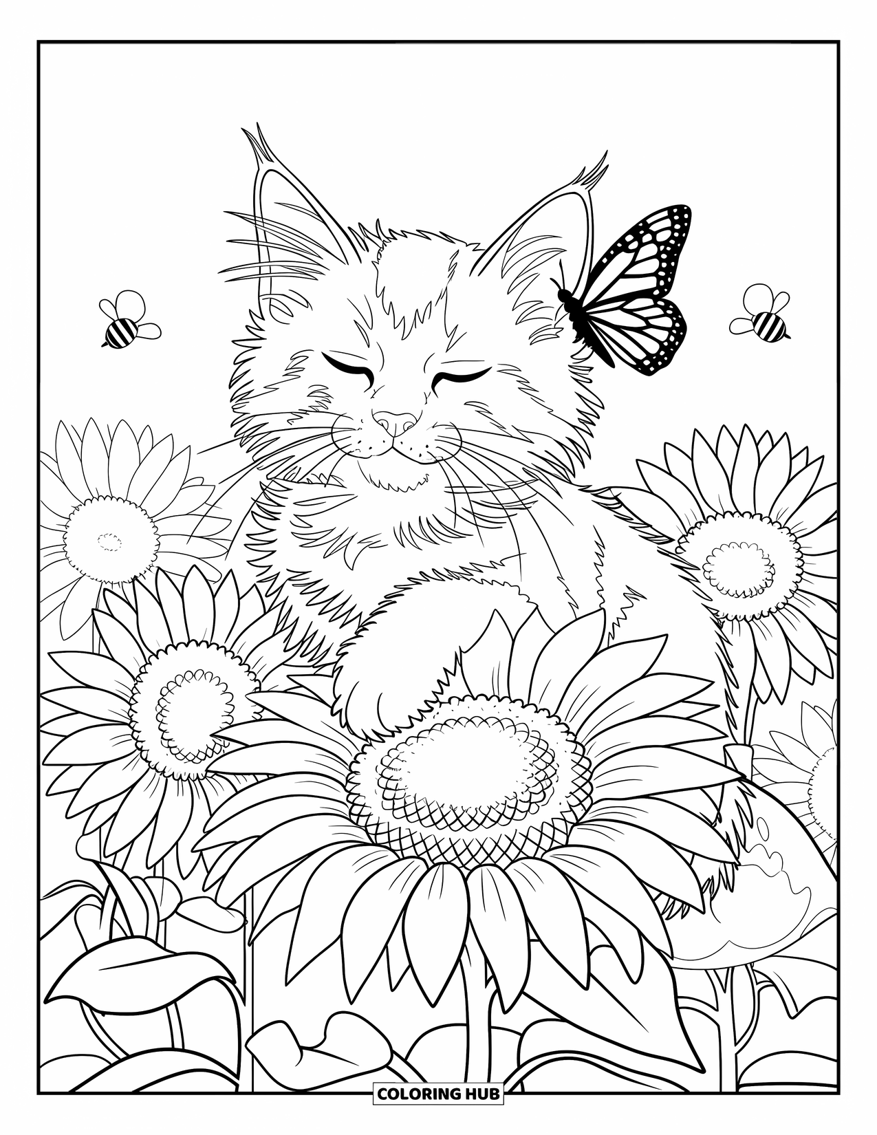 Dibujo de gatito para niños: Un gatito se sienta en un girasol, con los ojos cerrados, mientras mariposas y abejas revolotean alrededor