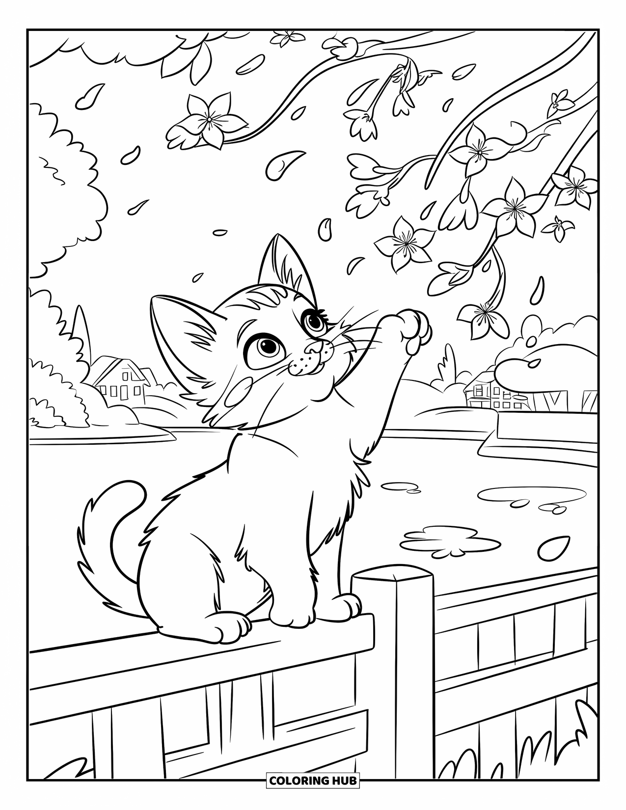 Dibujo de gatito para niños: Un gatito se sienta en una valla de madera, observando cómo caen suavemente las flores de cerezo alrededor de un paisaje tranquilo