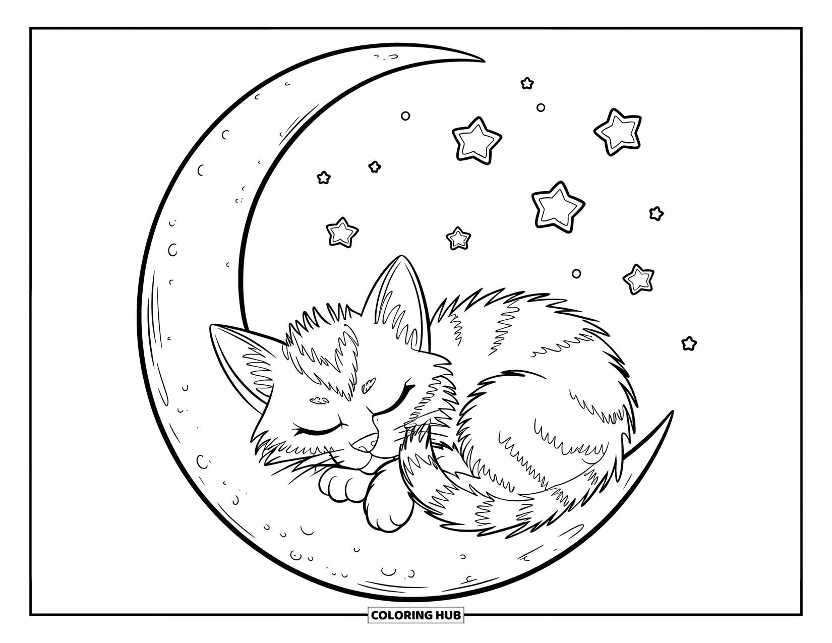 Dibujo de gatito para niños: Un gatito duerme plácidamente dentro de una luna creciente, con pequeñas estrellas flotando alrededor en el cielo nocturno