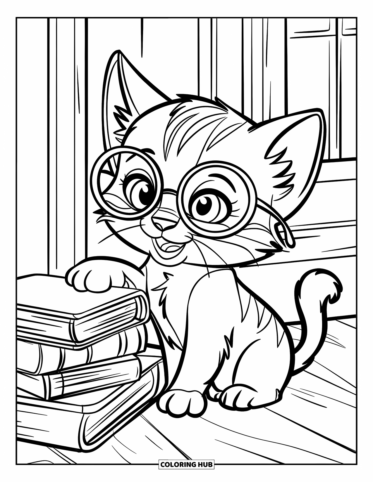 Dibujo de gatito para niños: Un gatito con gafas de lectura se sienta junto a una pila de libros en una habitación acogedora
