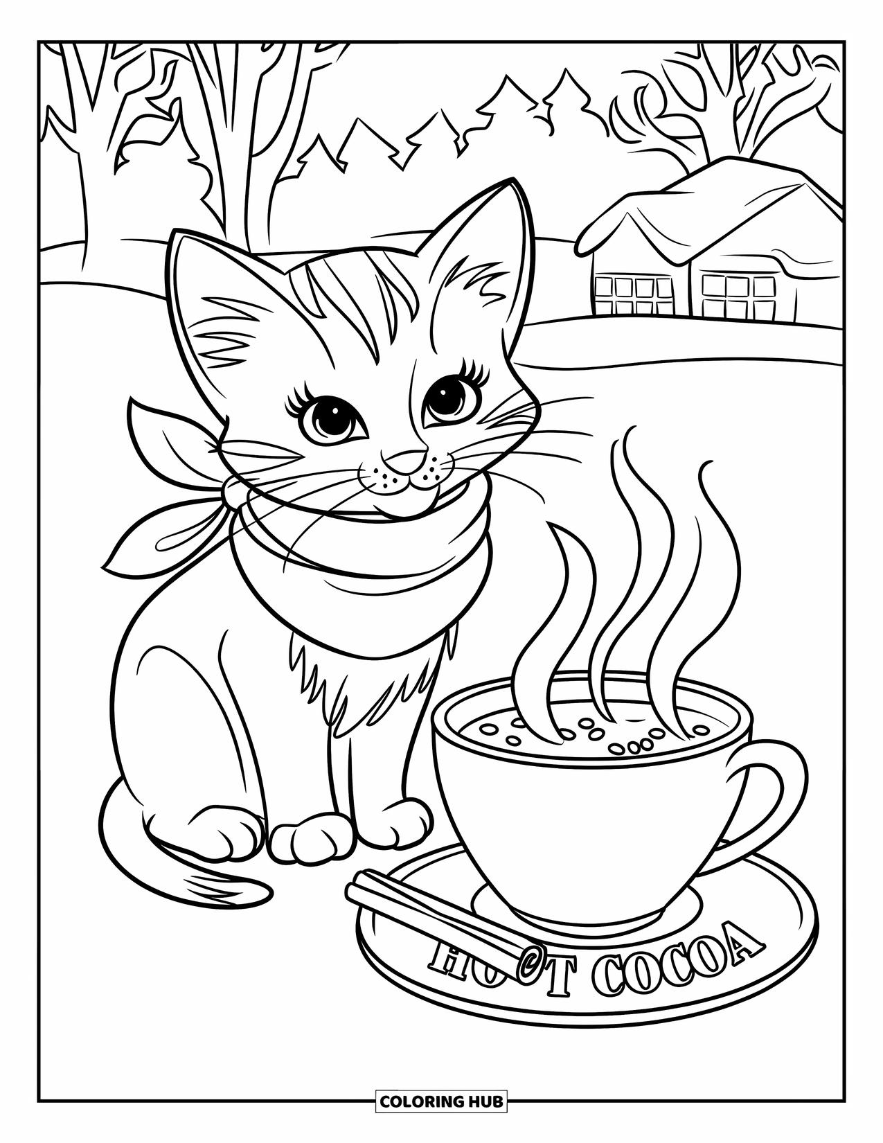 Dibujo de gatito para niños: Un gatito con una bufanda se sienta junto a una taza de chocolate humeante, con árboles invernales al fondo