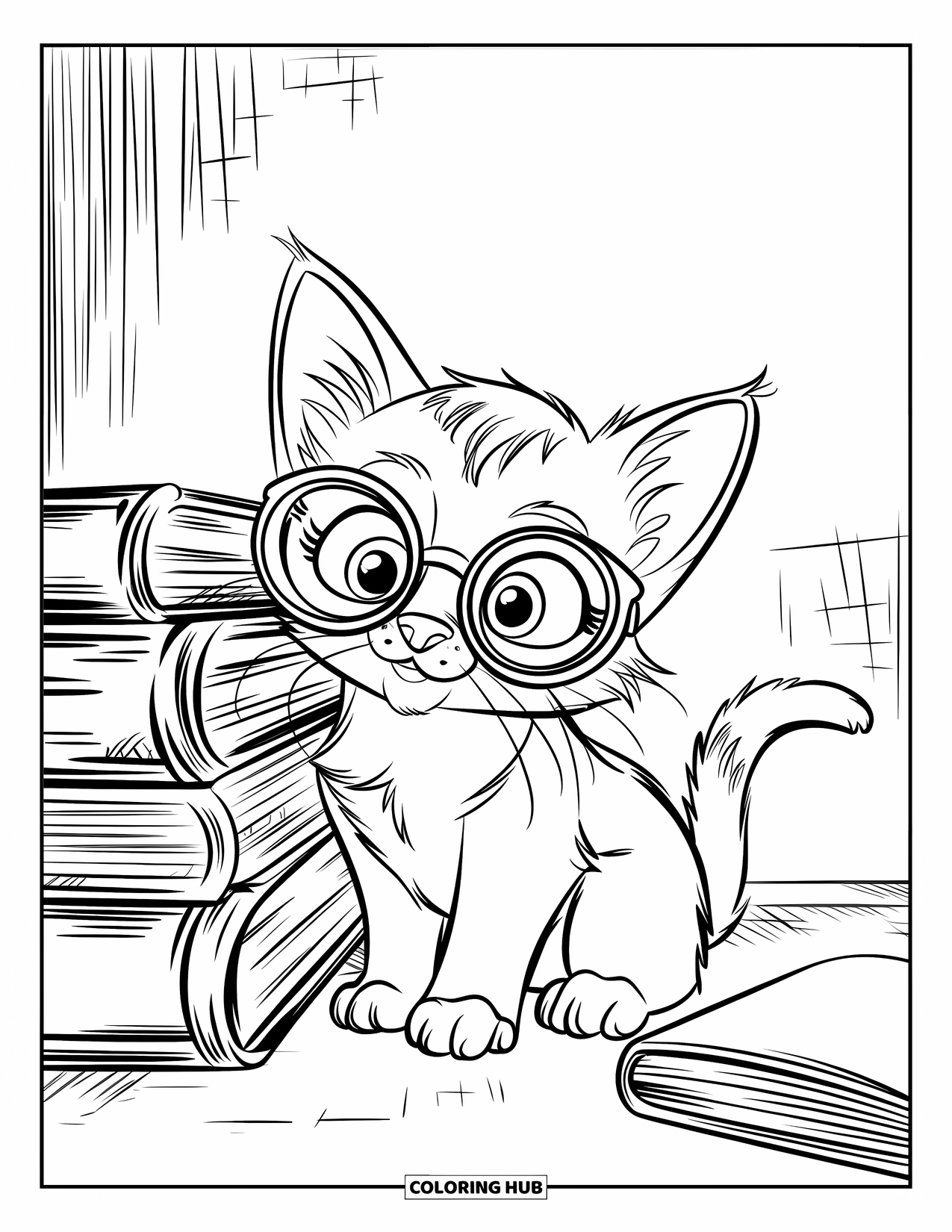 Dibujo de gatito para niños: Un gatito con gafas de lectura descansa junto a una pila de libros, mirando hacia arriba con curiosidad