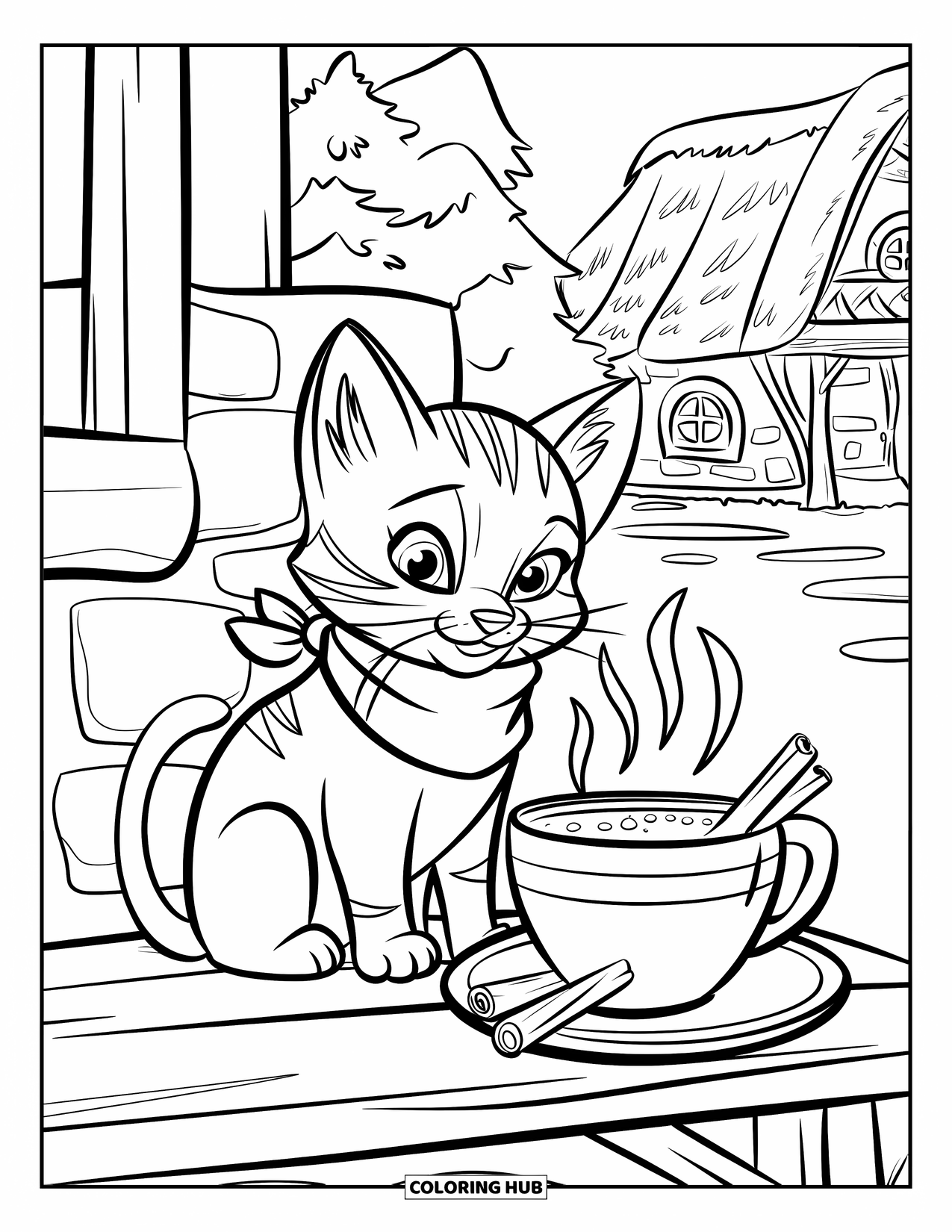 Dibujo de gatito para niños: Un gatito envuelto en una bufanda cálida se sienta con chocolate caliente, con copos de nieve cayendo suavemente alrededor