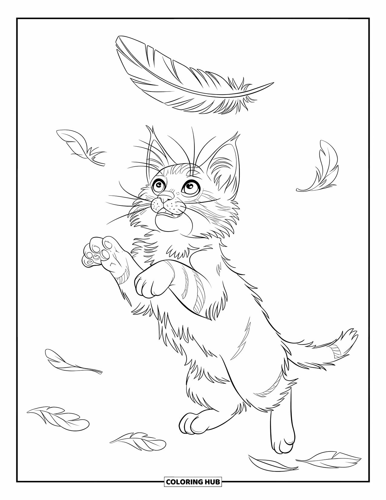 Dibujo de gatito para niños: Un gatito Maine Coon golpea juguetonamente una pluma, con las patas en el aire en un salto de emoción