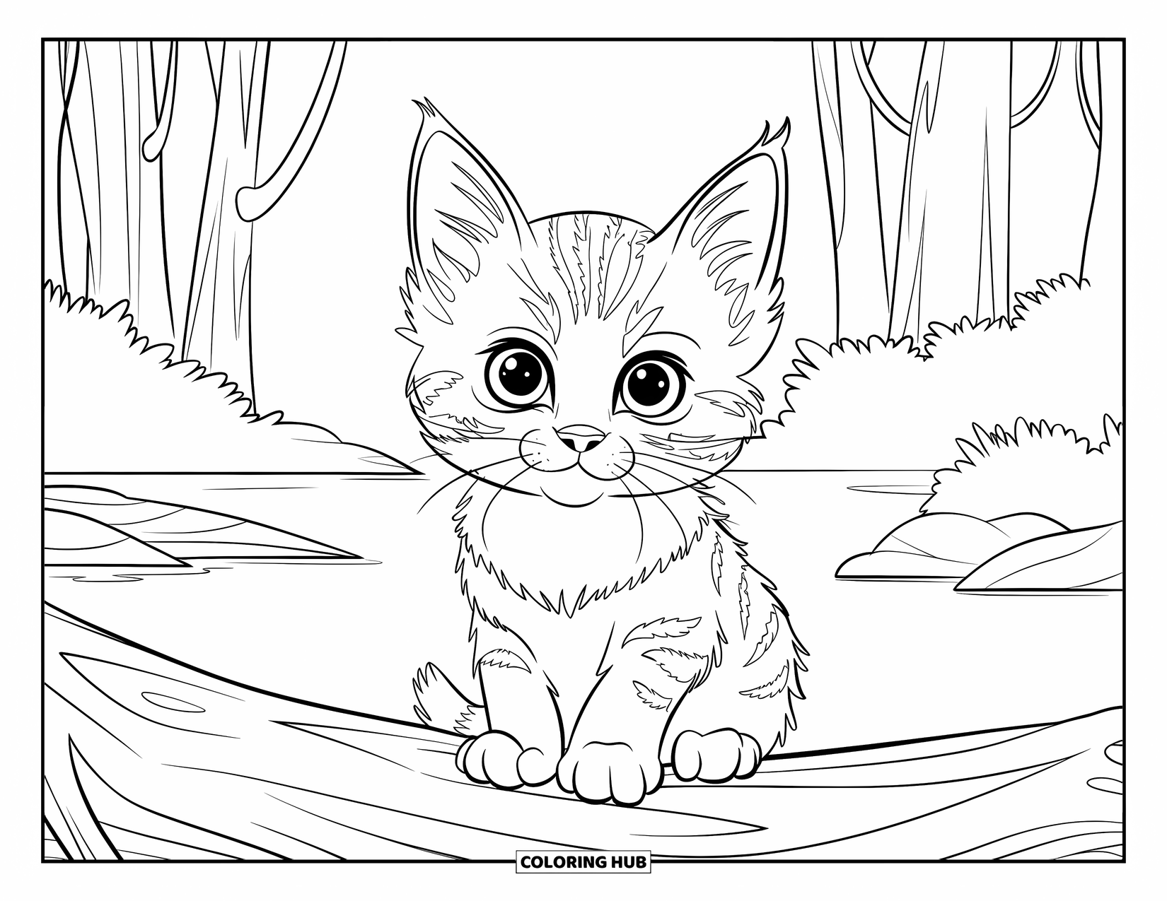 Dibujo de gatito para niños: Un gatito del Bosque Noruego se sienta en un tronco, mirando un lago tranquilo en un bosque silencioso