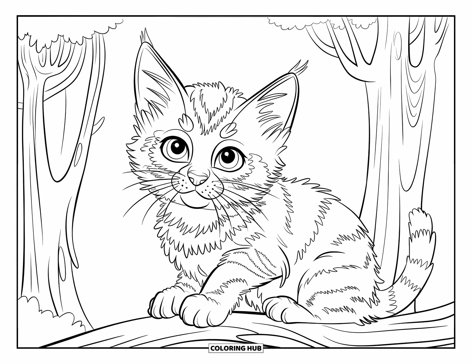 Dibujo de gatito para niños: Un gatito del Bosque Noruego se sienta en una roca, con las orejas levantadas en un entorno boscoso tranquilo