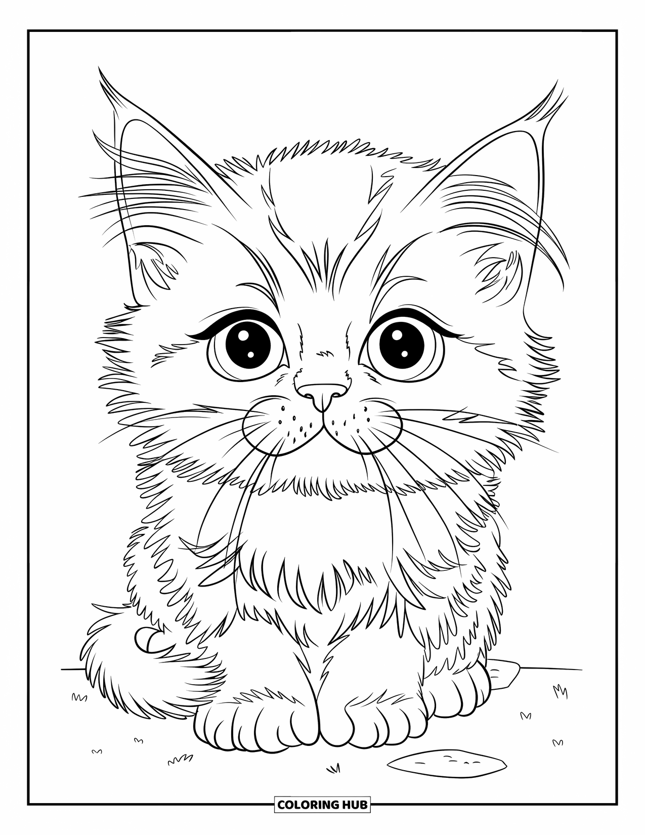 Dibujo de gatito para niños: Un gatito persa se posa en una roca, con sus pequeñas patas metidas mientras observa el paisaje