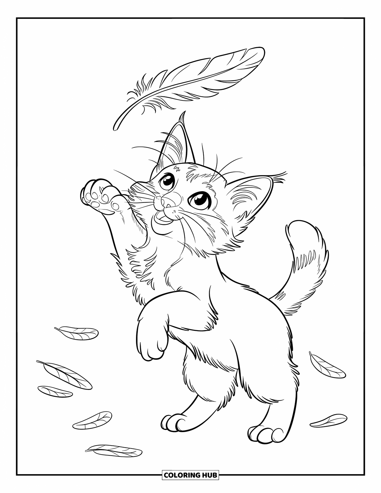 Dibujo de gatito para niños: Un gatito juguetón salta en el aire, alcanzando una pluma que flota en la brisa