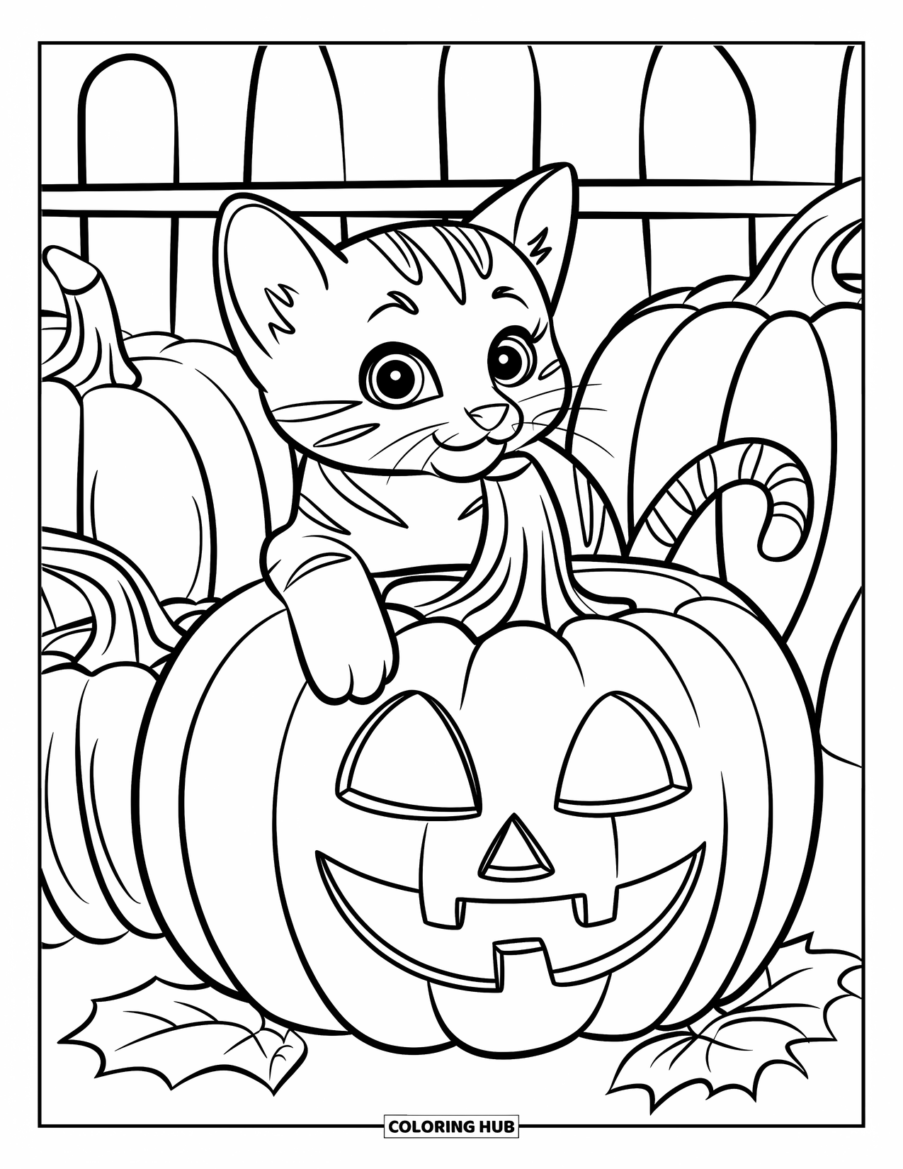 Dibujo de gatito para niños: Un gatito juguetón apoya una pata en una calabaza tallada en un animado campo de calabazas