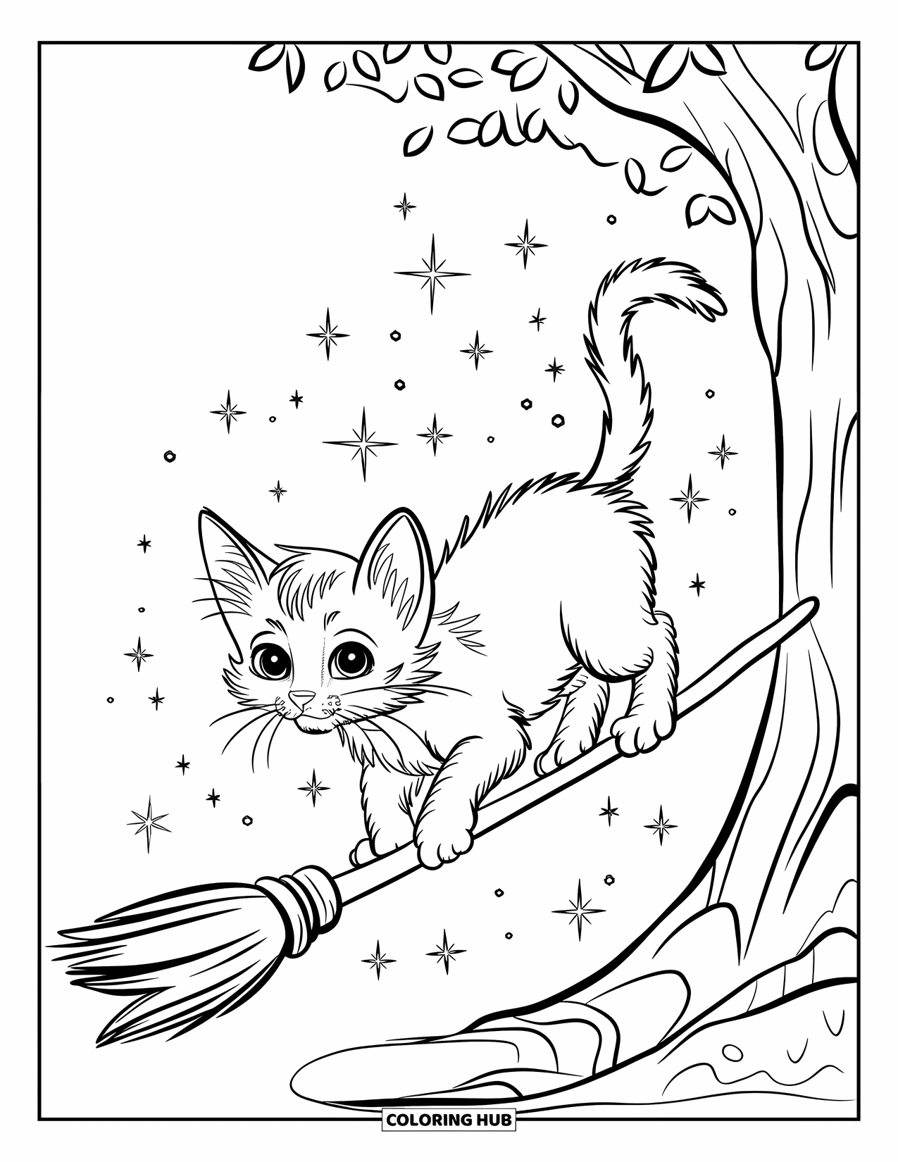 Dibujo de gatito para niños: Un gatito juguetón se estabiliza en un palo de escoba, flotando entre brillantes chispas