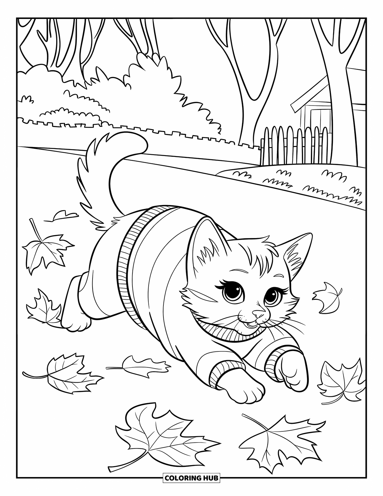 Dibujo de gatito para niños: Un gatito Ragdoll juguetón persigue hojas de otoño que giran en la brisa fresca