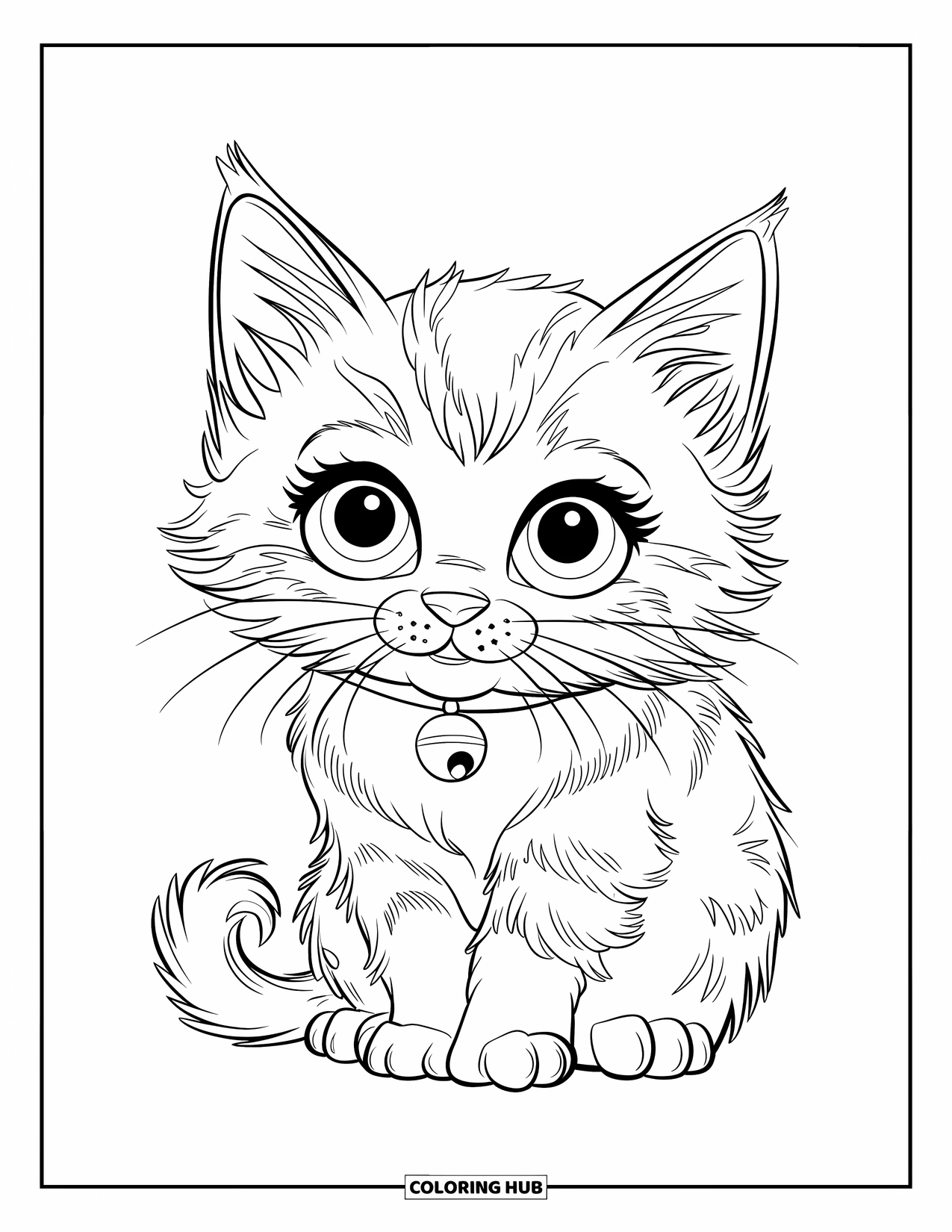 Dibujo de gatito para niños: Un gatito Ragdoll juguetón con una cola esponjosa se sienta erguido, sus brillantes ojos llenos de asombro