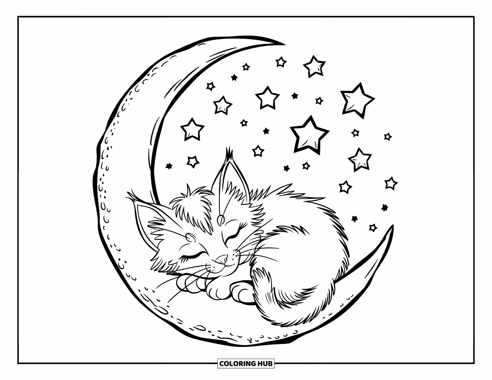 Dibujo de gatito para niños: Un gatito Ragdoll dormita dentro de una luna creciente, envuelto en una nube de estrellas de ensueño