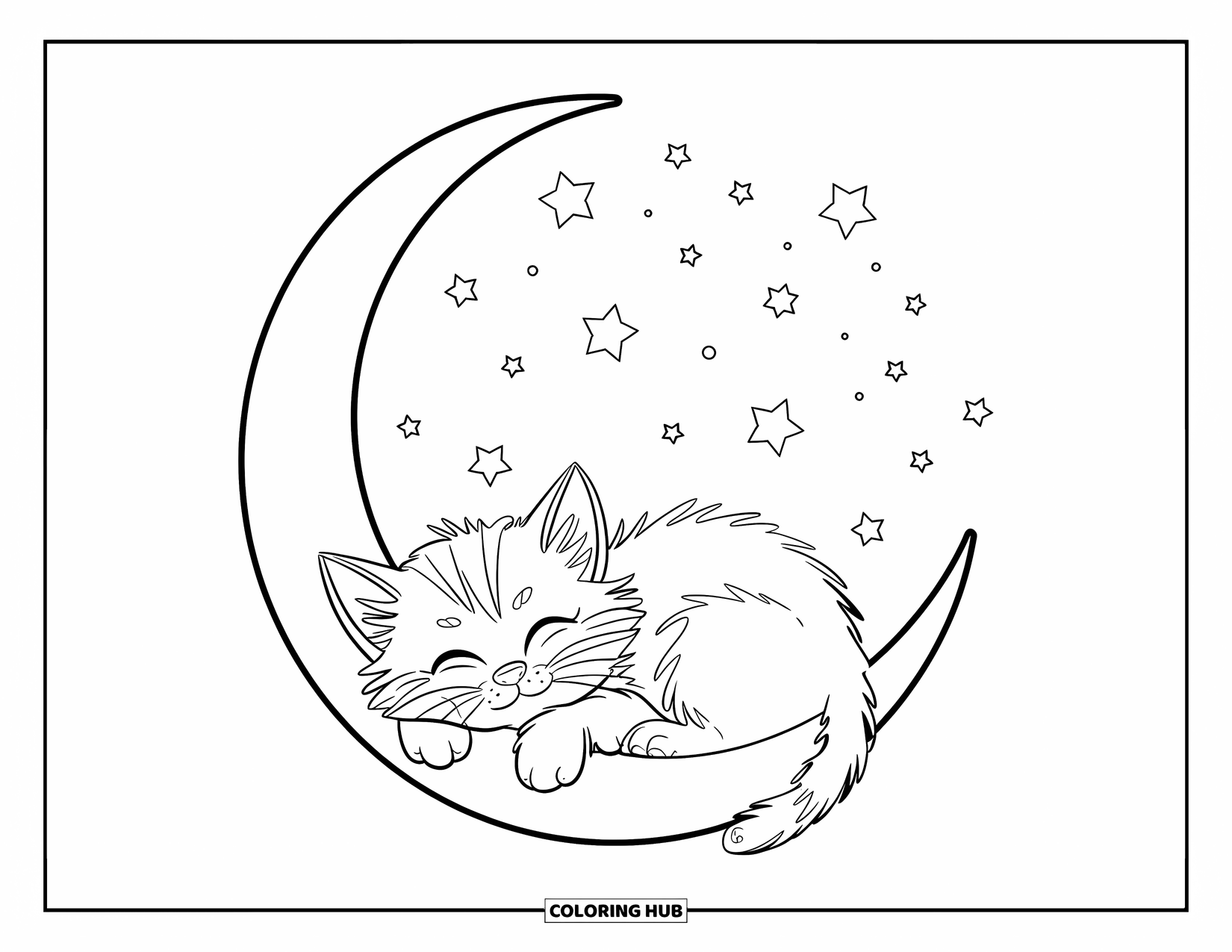 Dibujo de gatito para niños: Un gatito Ragdoll duerme acurrucado dentro de una luna creciente, rodeado de pequeñas estrellas flotantes