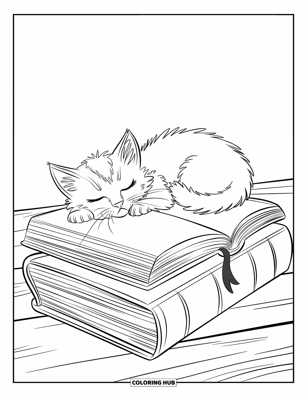 Dibujo de gatito para niños: Un gatito Ragdoll duerme plácidamente sobre una pila de libros, con un cuento de hadas abierto a su lado