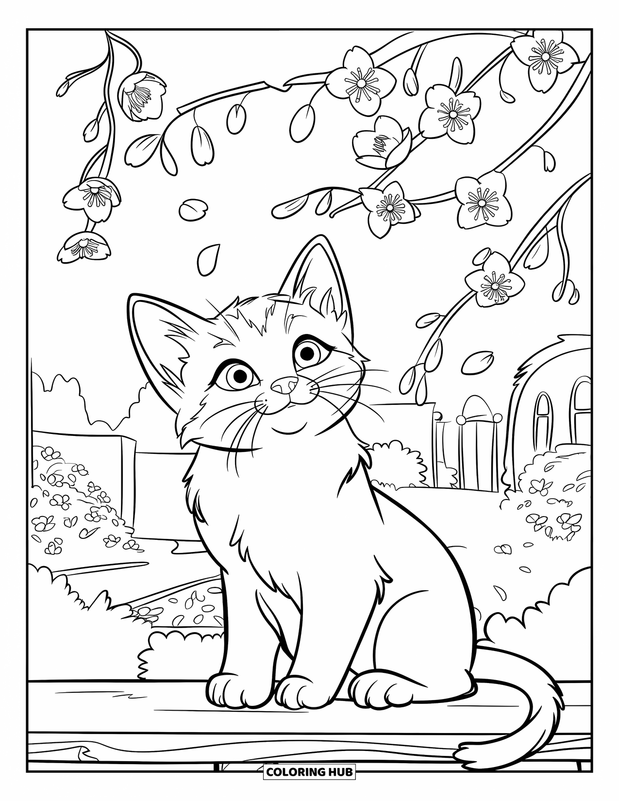 Dibujo de gatito para niños: Un gatito Scottish Fold se estira para tocar las flores de cerezo que caen en un tranquilo jardín de primavera