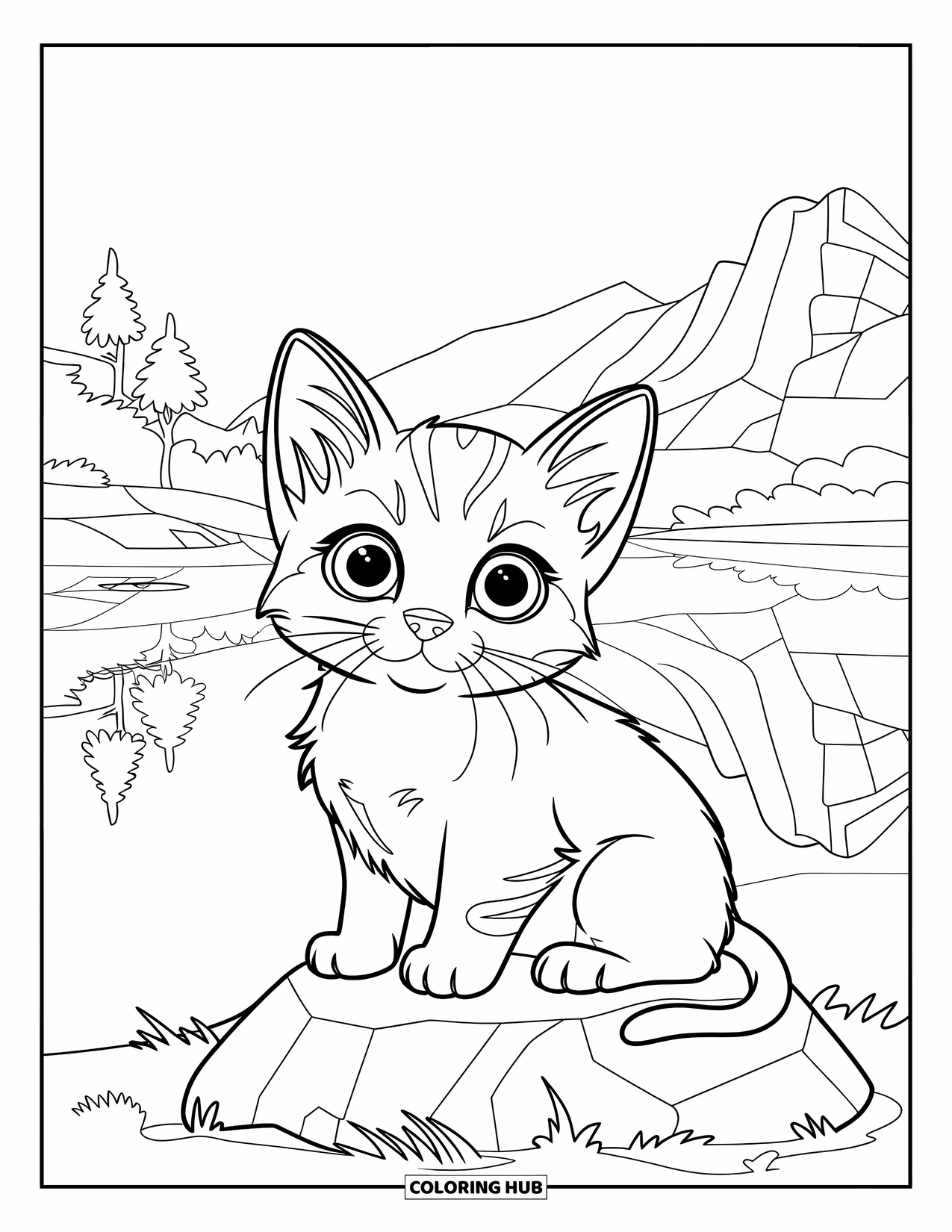 Dibujo de gatito para niños: Un gatito Scottish Fold se sienta cerca de un lago tranquilo, sus orejas caídas lo hacen extra adorable