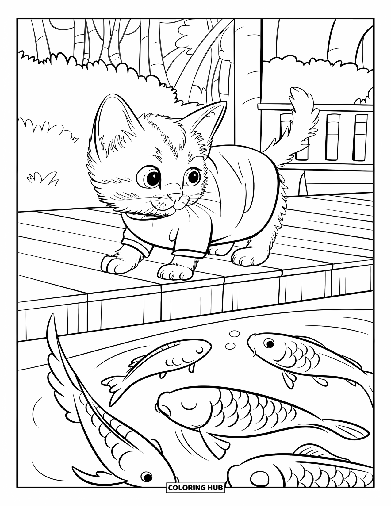 Dibujo de gatito para niños: Un gatito Scottish Fold está de pie en un muelle de madera, observando a los peces koi nadar abajo