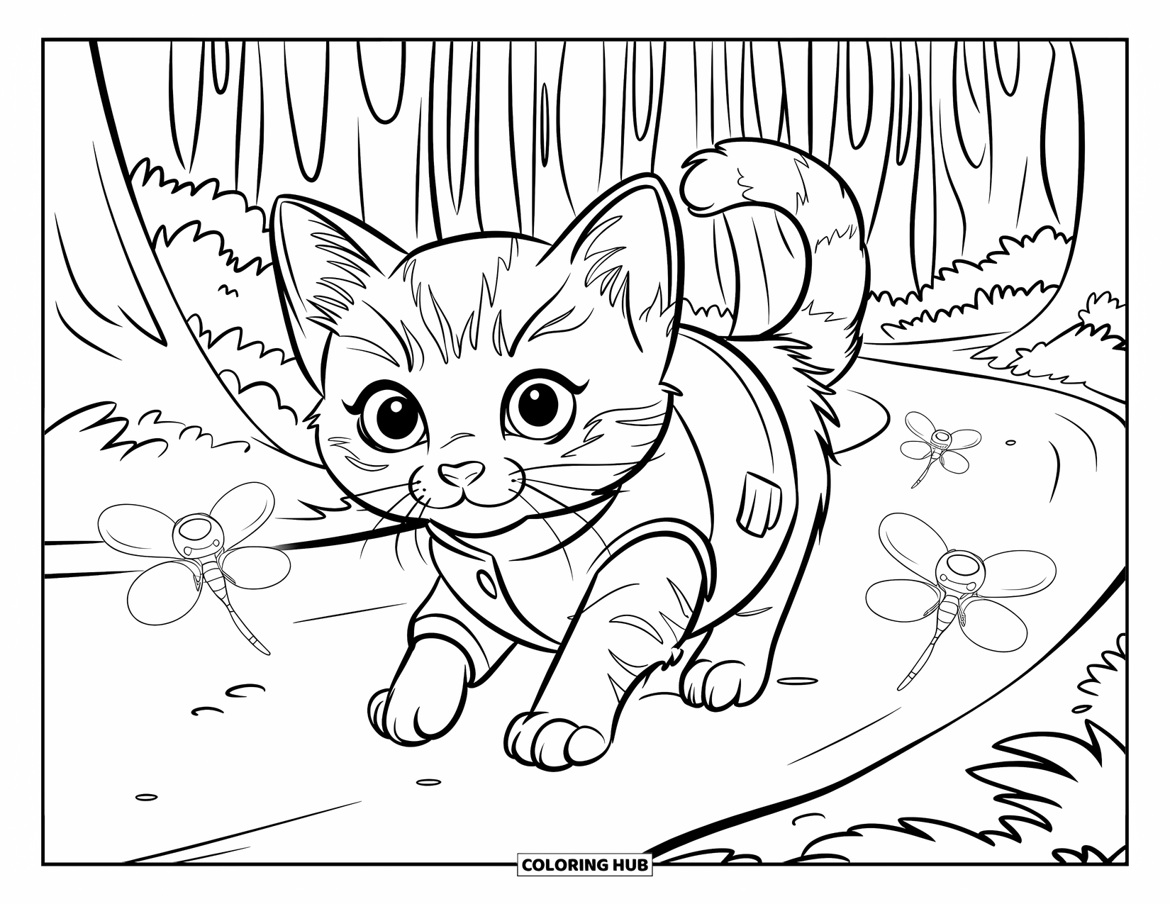 Dibujo de gatito para niños: Un gatito Scottish Fold camina por un sendero forestal, rodeado de tres luciérnagas brillantes