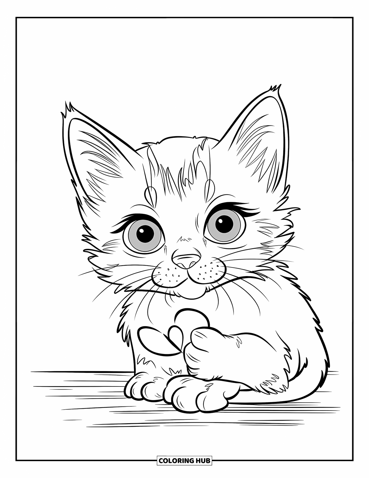 Dibujo de gatito para niños: Un gatito siamés se sienta sobre una superficie de madera, agarrando un pequeño objeto en forma de corazón en su pata