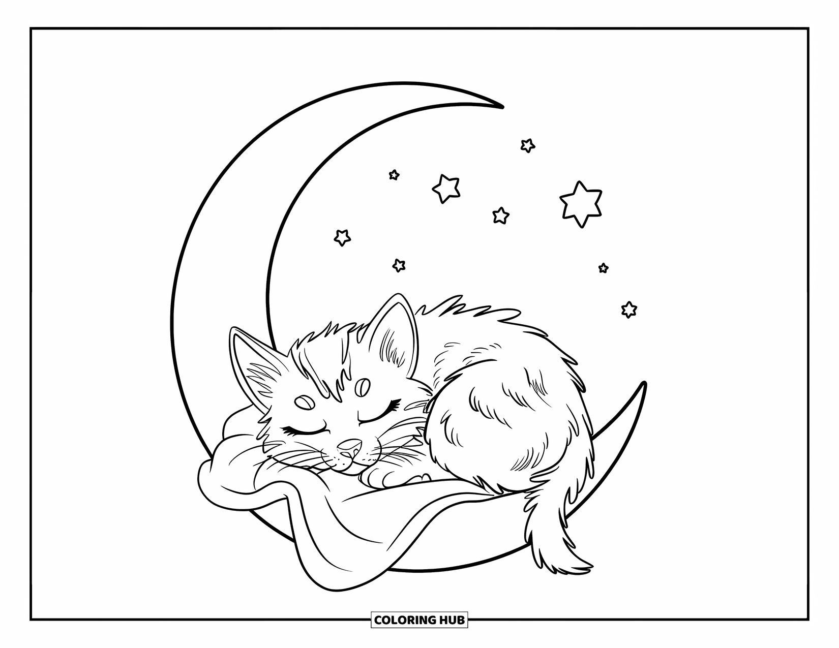 Dibujo de gatito para niños: Un gatito dormido se acurruca dentro de una luna creciente, con estrellas parpadeando en el cielo nocturno
