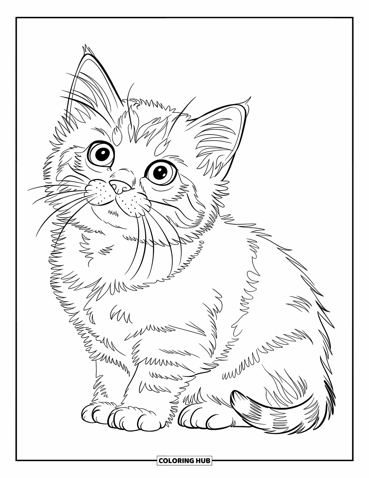 Dibujo de gatito para niños: Un gatito de pelaje suave se sienta en un suelo de madera, mirando hacia arriba con ojos grandes e inocentes