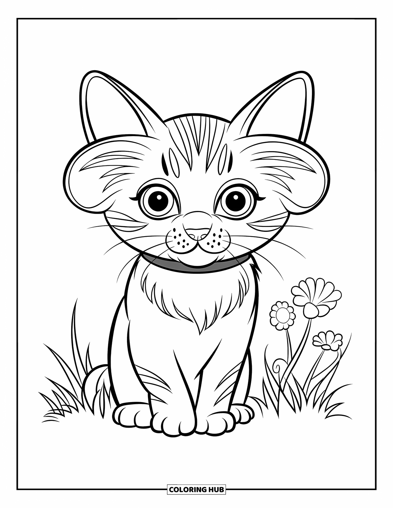 Dibujo de gatito para niños: Un dulce gatito con orejas dobladas mira hacia arriba, su suave pelaje ligeramente alborotado por la brisa