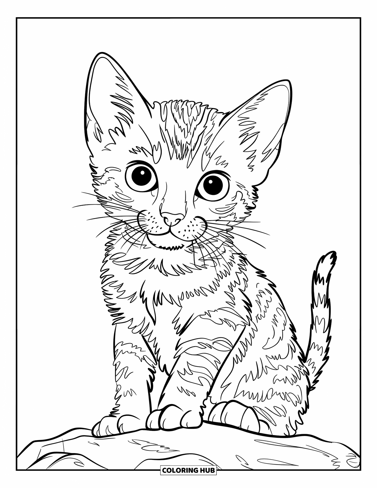 Dibujo de gatito para niños: Un pequeño gatito bengalí se sienta cerca del agua, sus distintivos patrones de pelaje destacan maravillosamente