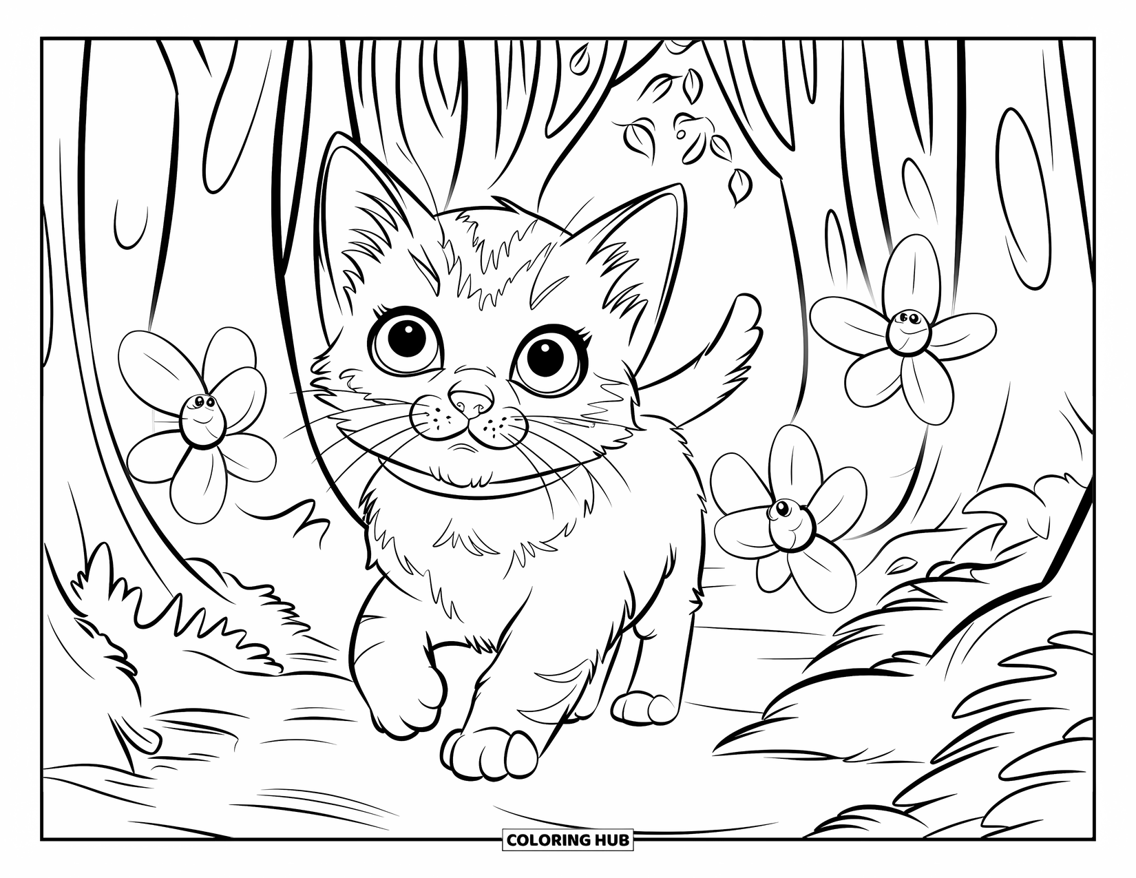 Dibujo de gatito para niños: Un pequeño gatito en un bosque observa cómo las luciérnagas flotan alrededor, brillando suavemente en la noche