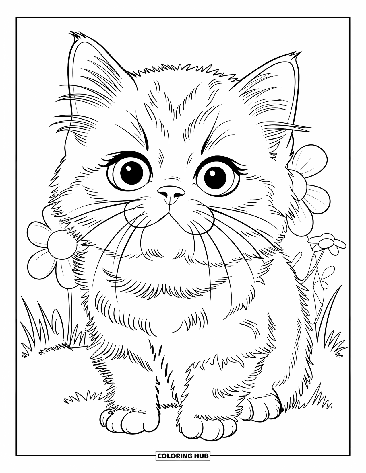 Dibujo de gatito para niños: Un pequeño gatito persa se sienta cerca de flores en flor, observando la suave brisa balancear los pétalos