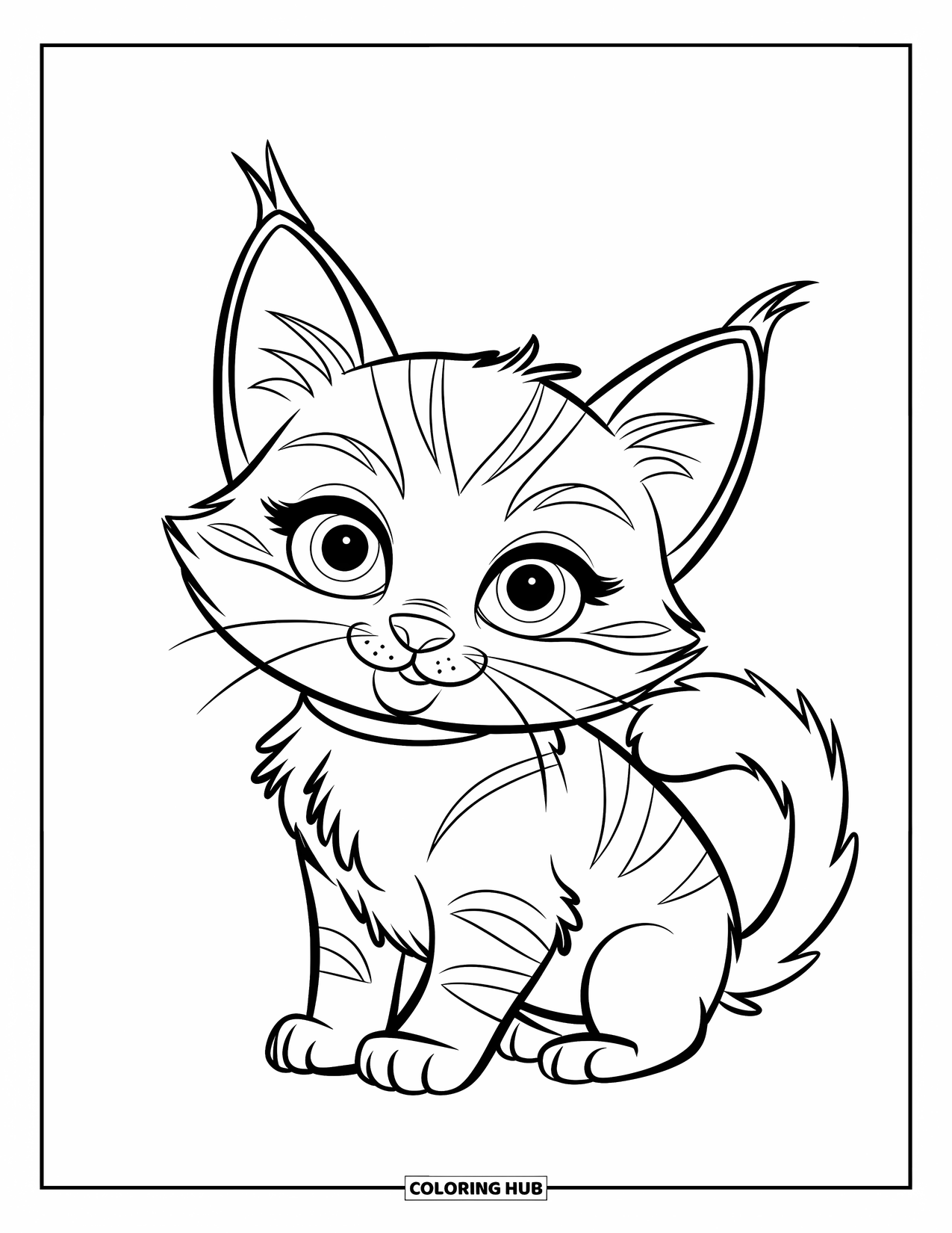 Dibujo de gatito para niños: Un pequeño gatito Ragdoll se sienta con las patas metidas debajo, mirando dulcemente a la distancia