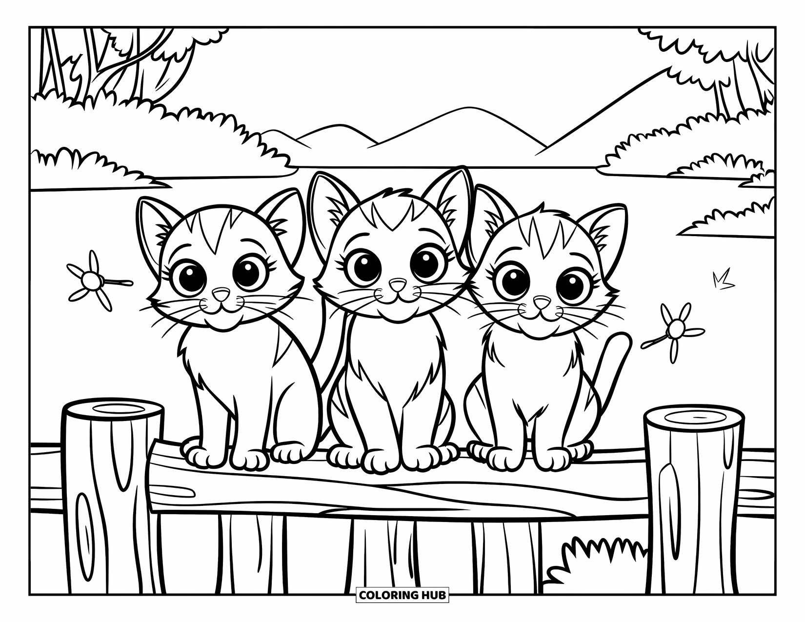 Dibujo de gatito para niños: Unos gatitos se sientan en una vieja valla, con los ojos muy abiertos mientras las luciérnagas bailan en la noche