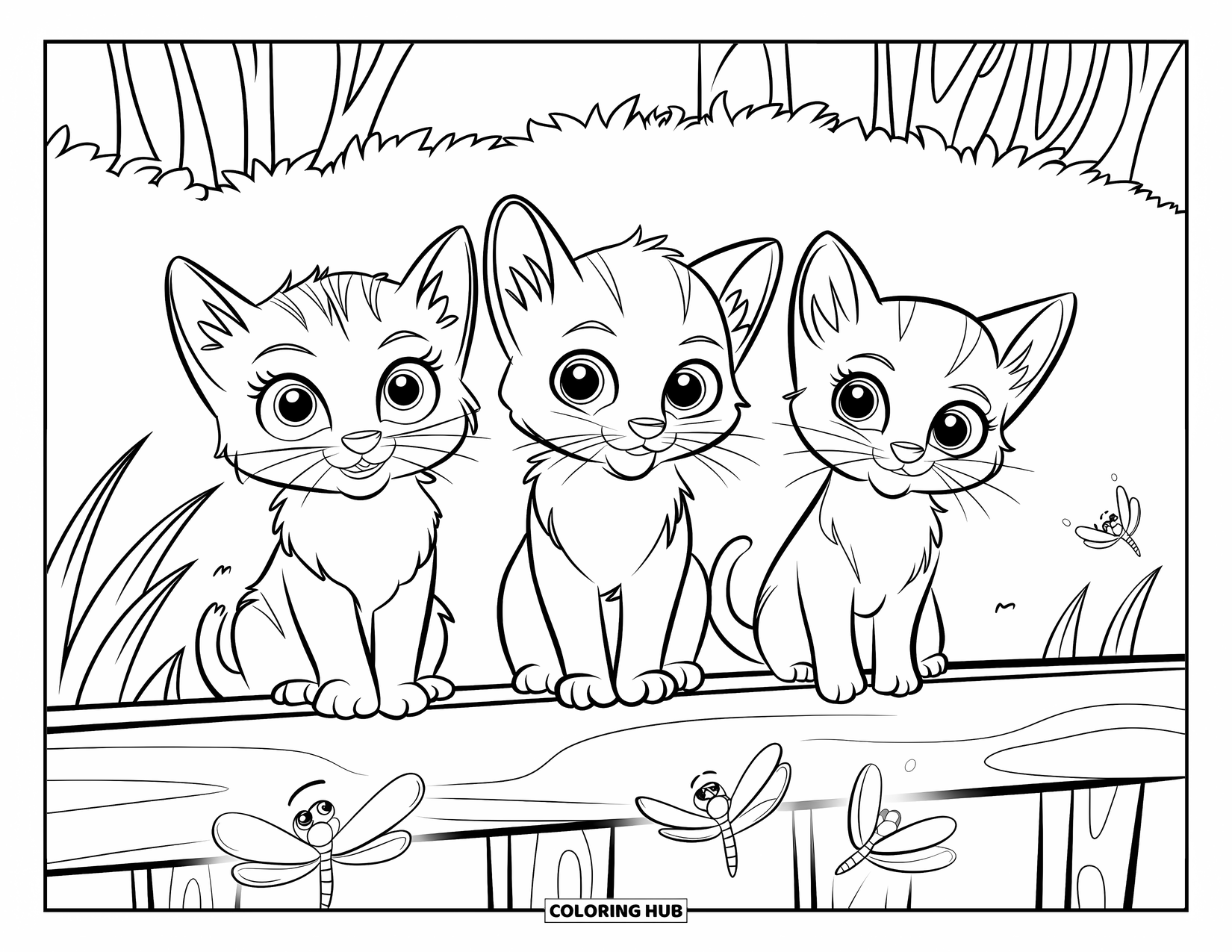 Dibujo de gatito para niños: Tres gatitos curiosos se inclinan sobre una valla, observando cómo pequeñas luciérnagas iluminan la noche