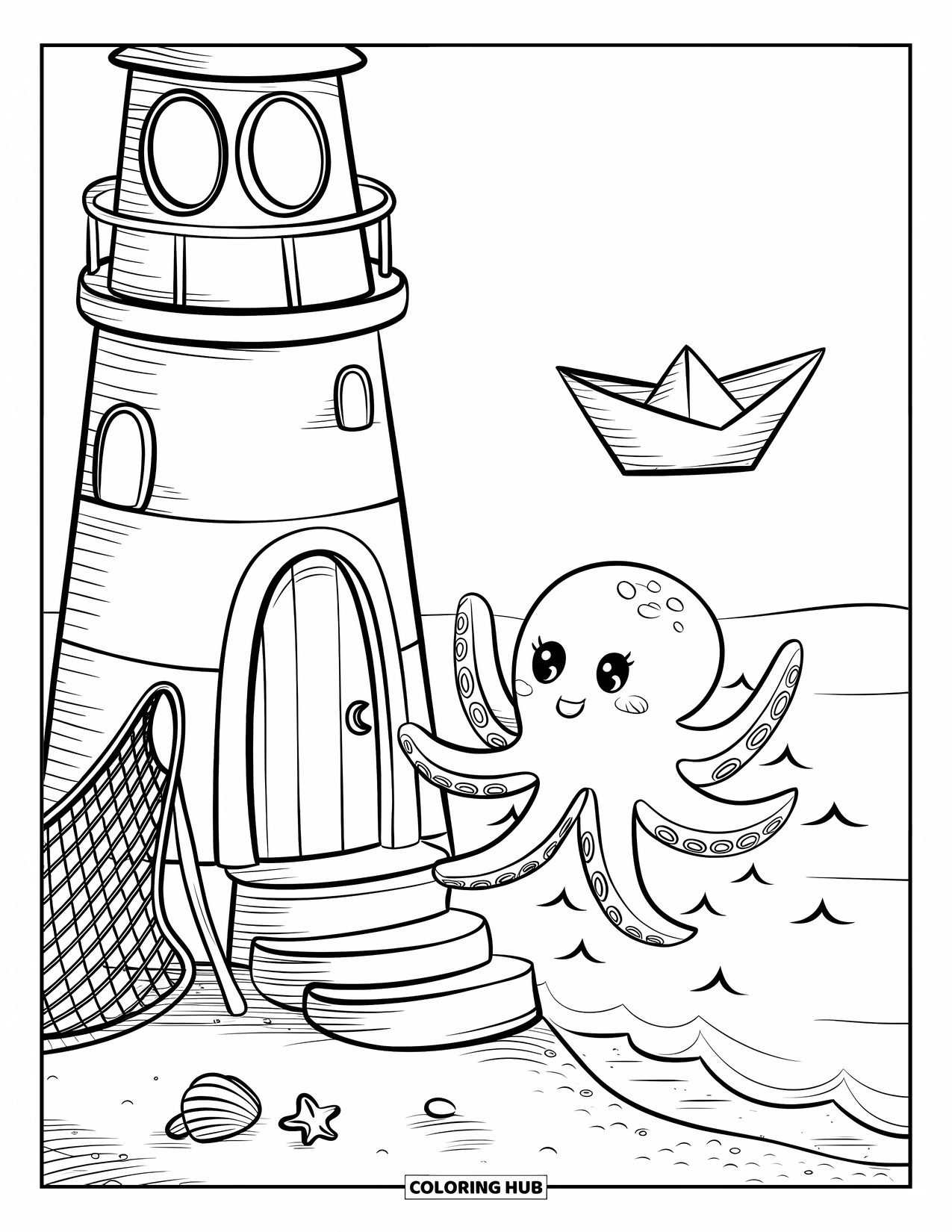 Dibujo de faro para colorear para adultos: Un faro acogedor cerca del mar, con un pulpo juguetón alcanzando un bote de papel flotante