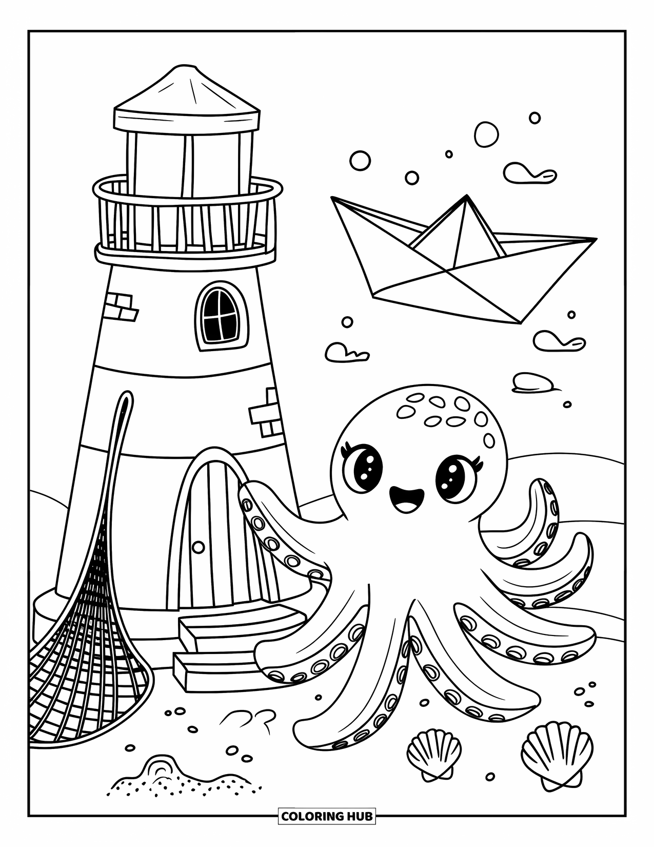 Dibujo de faro para colorear para adultos: Un faro amigable se alza junto a la orilla mientras un pulpo alcanza con curiosidad un bote de papel flotante