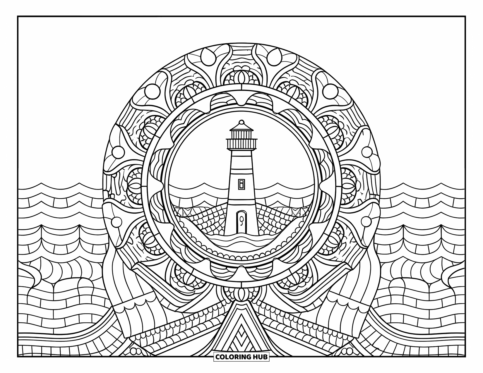 Dibujo de faro para colorear para adultos: Un faro se mezcla en un mandala circular con intrincados patrones náuticos y olas oceánicas