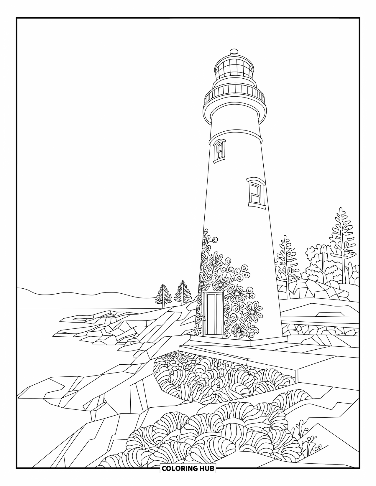 Dibujo de faro para colorear para adultos: Una entrada de faro está adornada con intrincados patrones florales, que se alzan contra colinas y árboles ondulantes