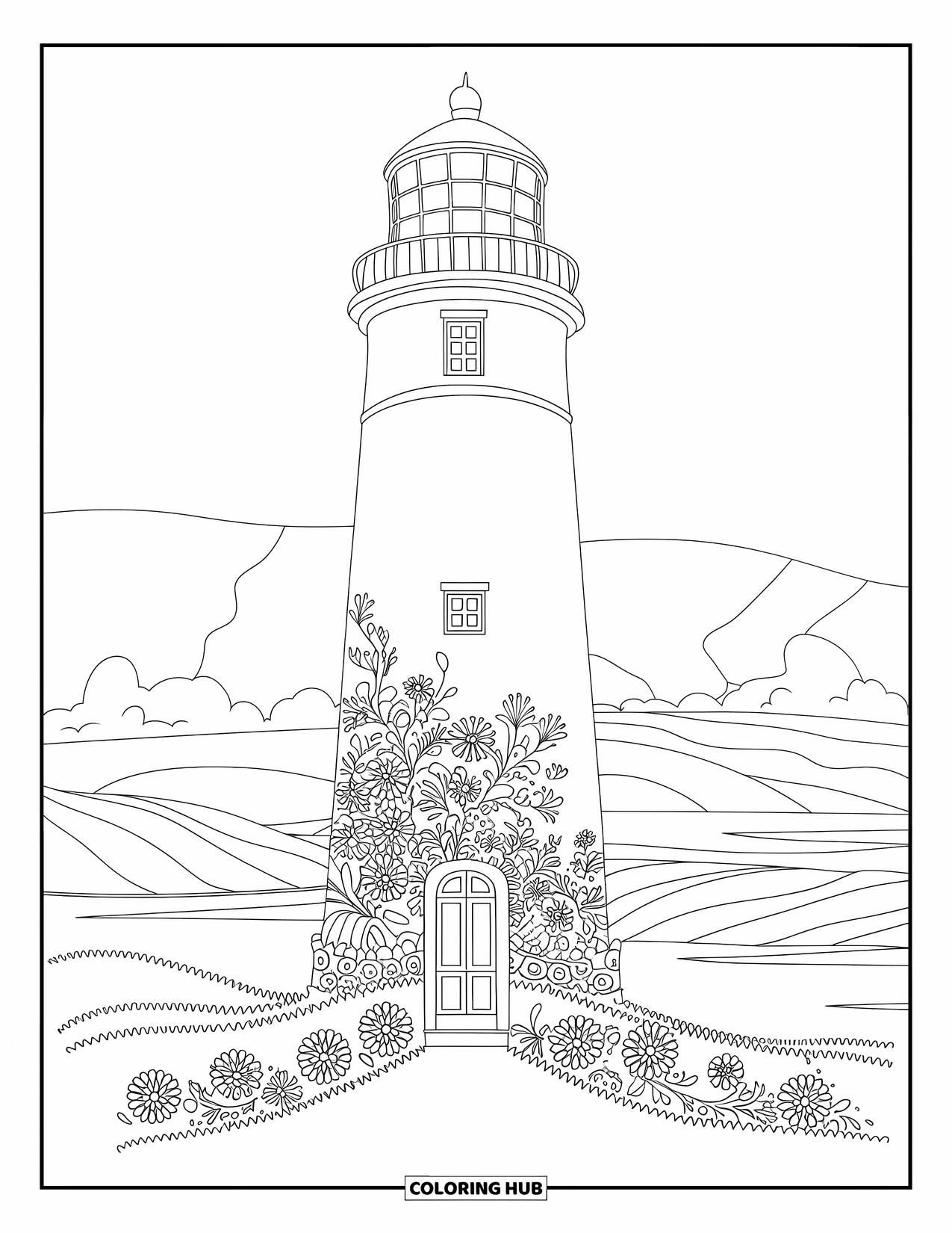 Dibujo para colorear de un faro para adultos: La entrada de un faro está enmarcada con elegantes patrones florales en una costa rocosa
