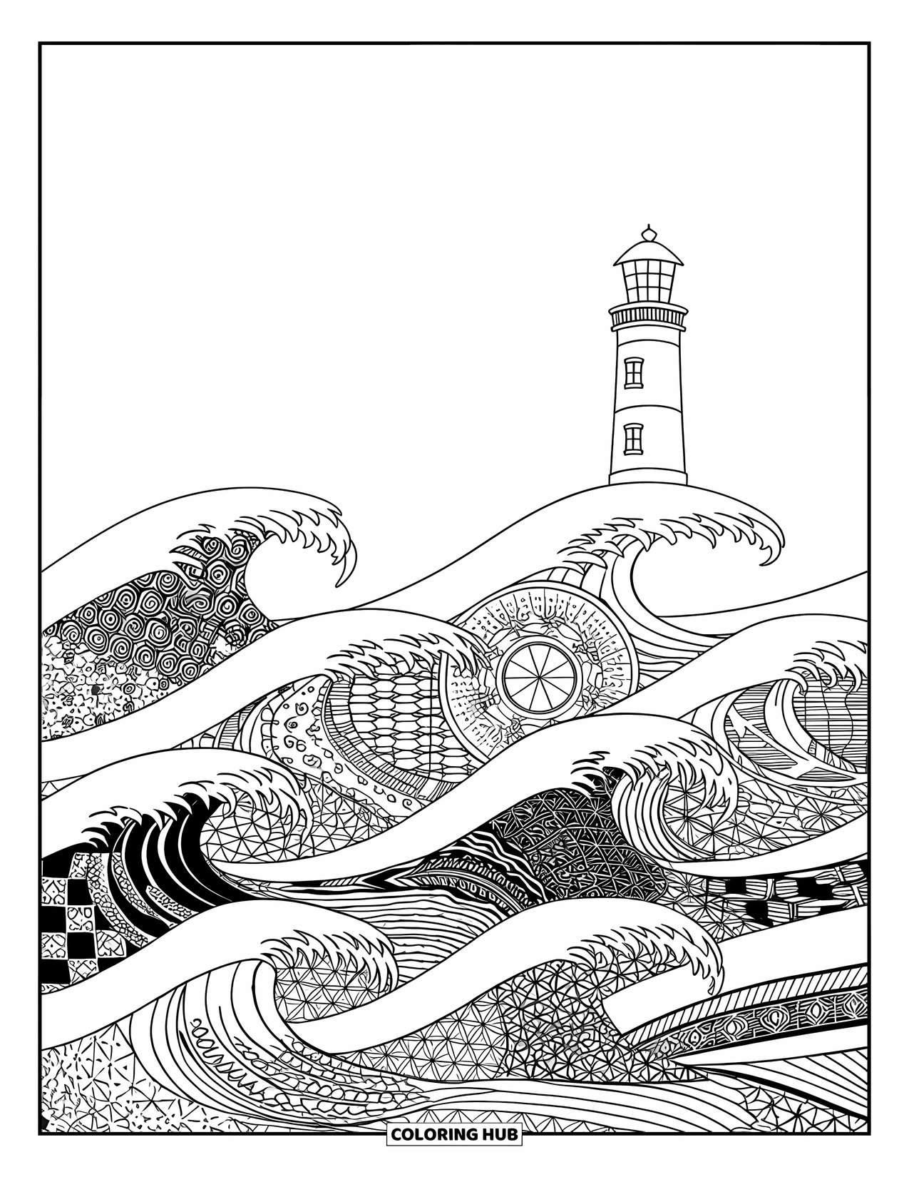 Dibujo de faro para colorear para adultos: Un faro flota en un mar de olas estampadas bajo un cielo estrellado