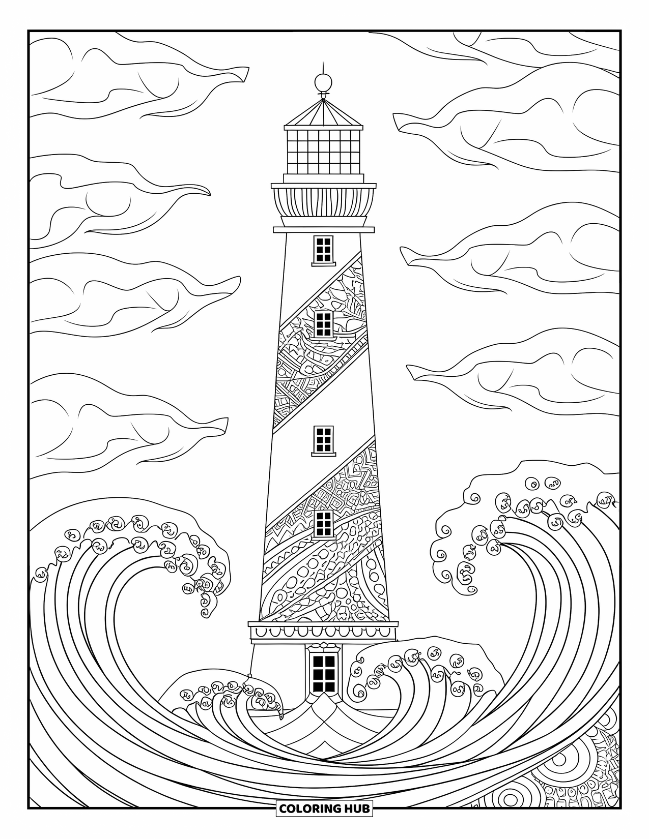 Dibujo de faro para colorear para adultos: Un faro está cubierto de patrones intrincados, rodeado de olas oceánicas arremolinadas