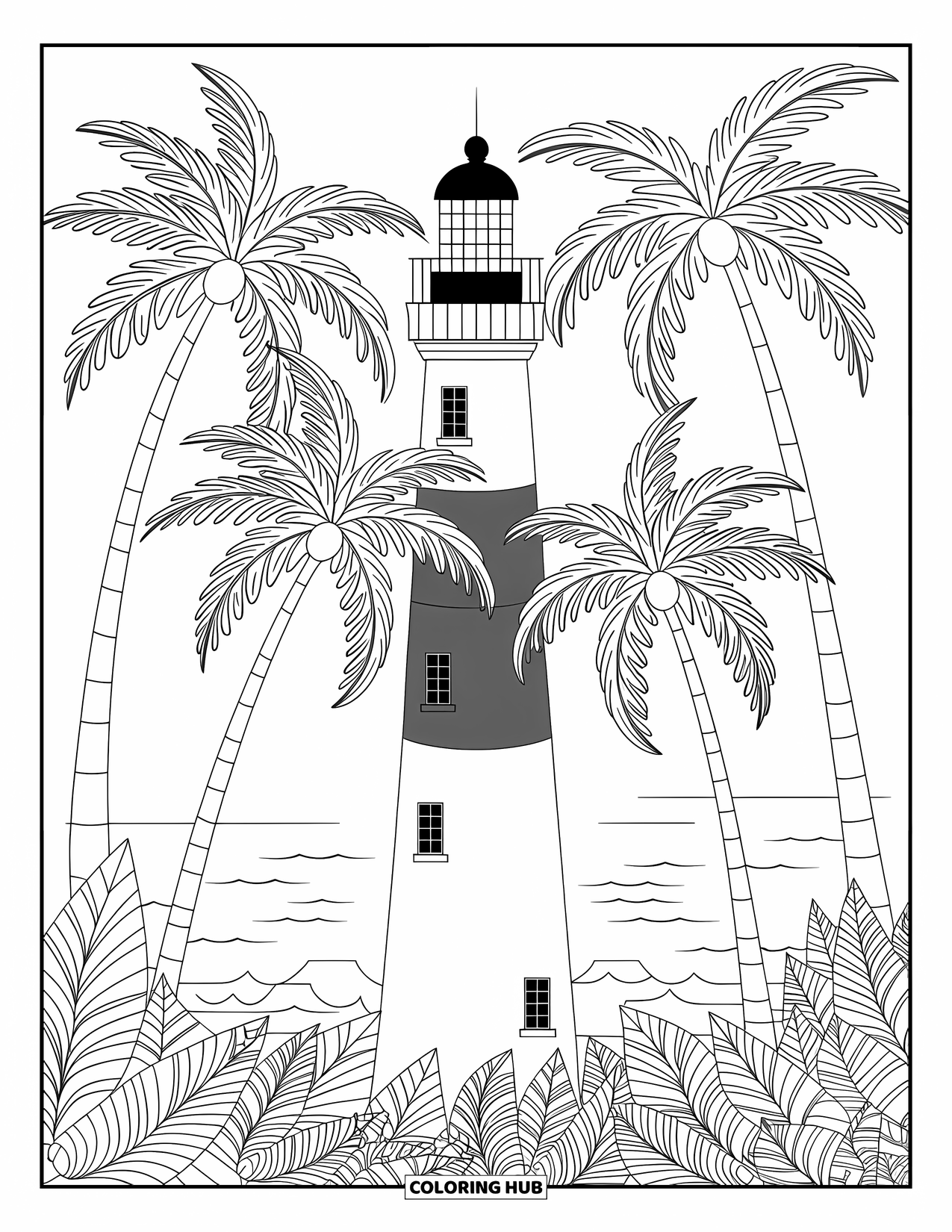 Dibujo de faro para colorear para adultos: Un faro está enclavado entre imponentes palmeras con hojas tropicales detalladas