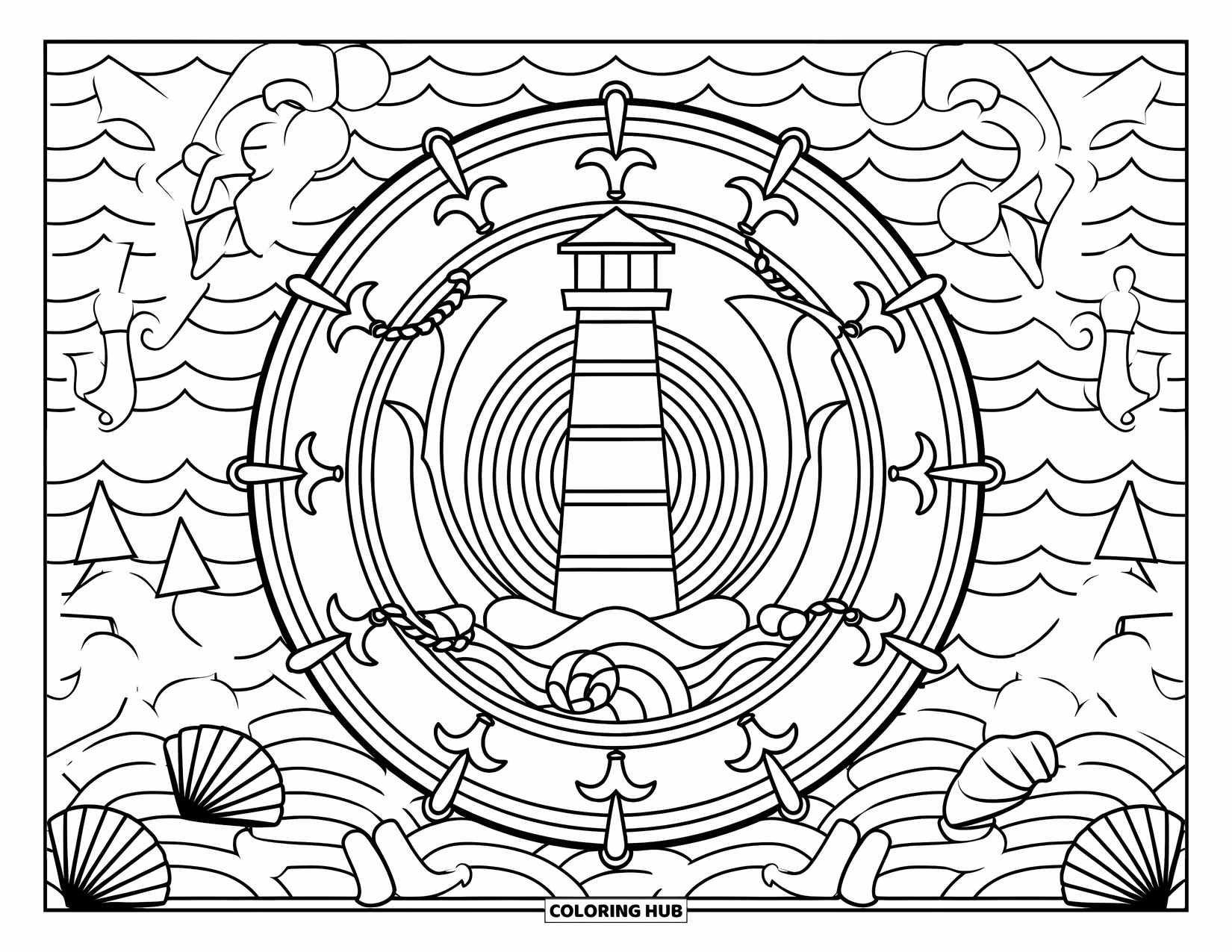 Dibujo para colorear de un faro para adultos: Un faro está rodeado por un mandala lleno de elementos náuticos como anclas y cuerdas