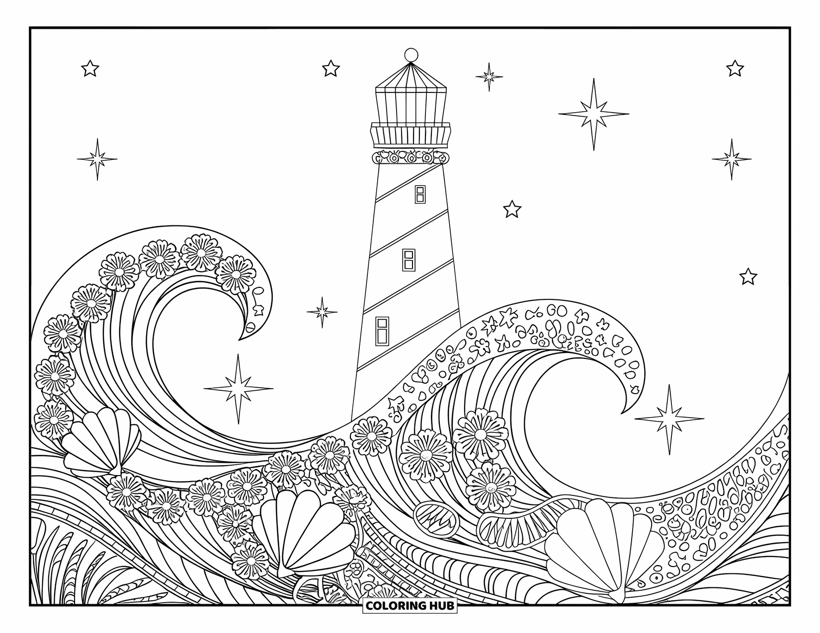 Dibujo para colorear de un faro para adultos: Un faro se eleva sobre olas estampadas bajo un cielo despejado con estrellas parpadeantes