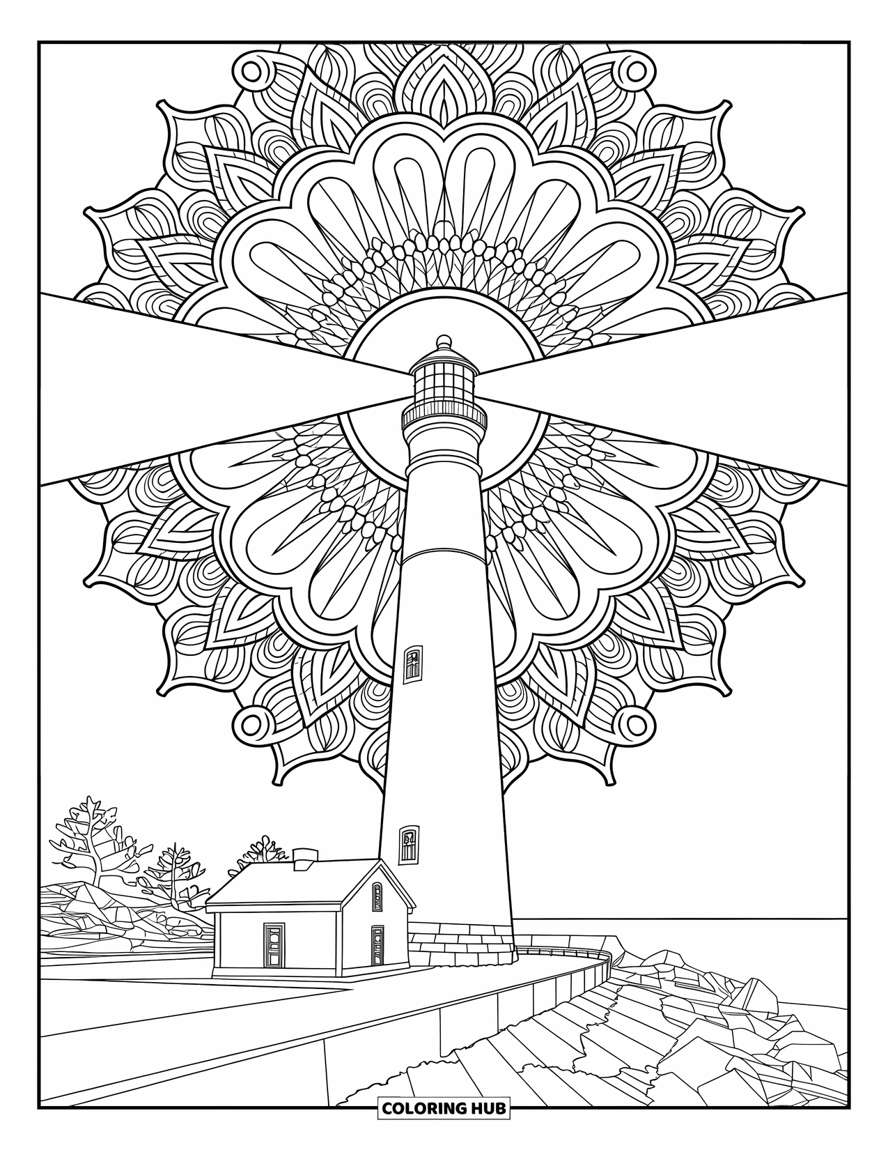 Dibujo para colorear de un faro para adultos: Un faro brilla mientras sus haces forman patrones de mandala detallados contra un tranquilo telón de fondo oceánico